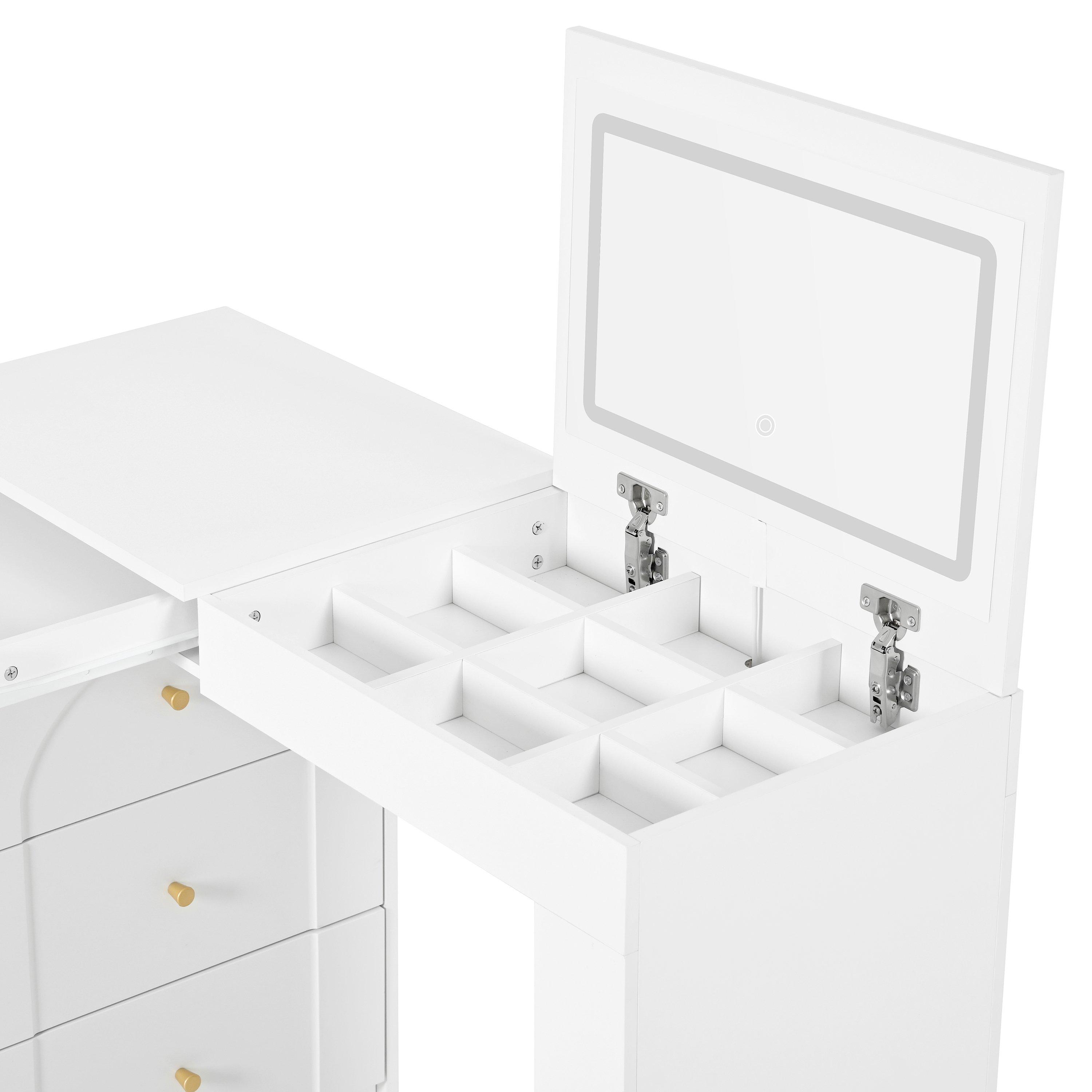 White - Urban Meuble - Modern L-Shaped Vanity Desk with LED Mirror - 12
