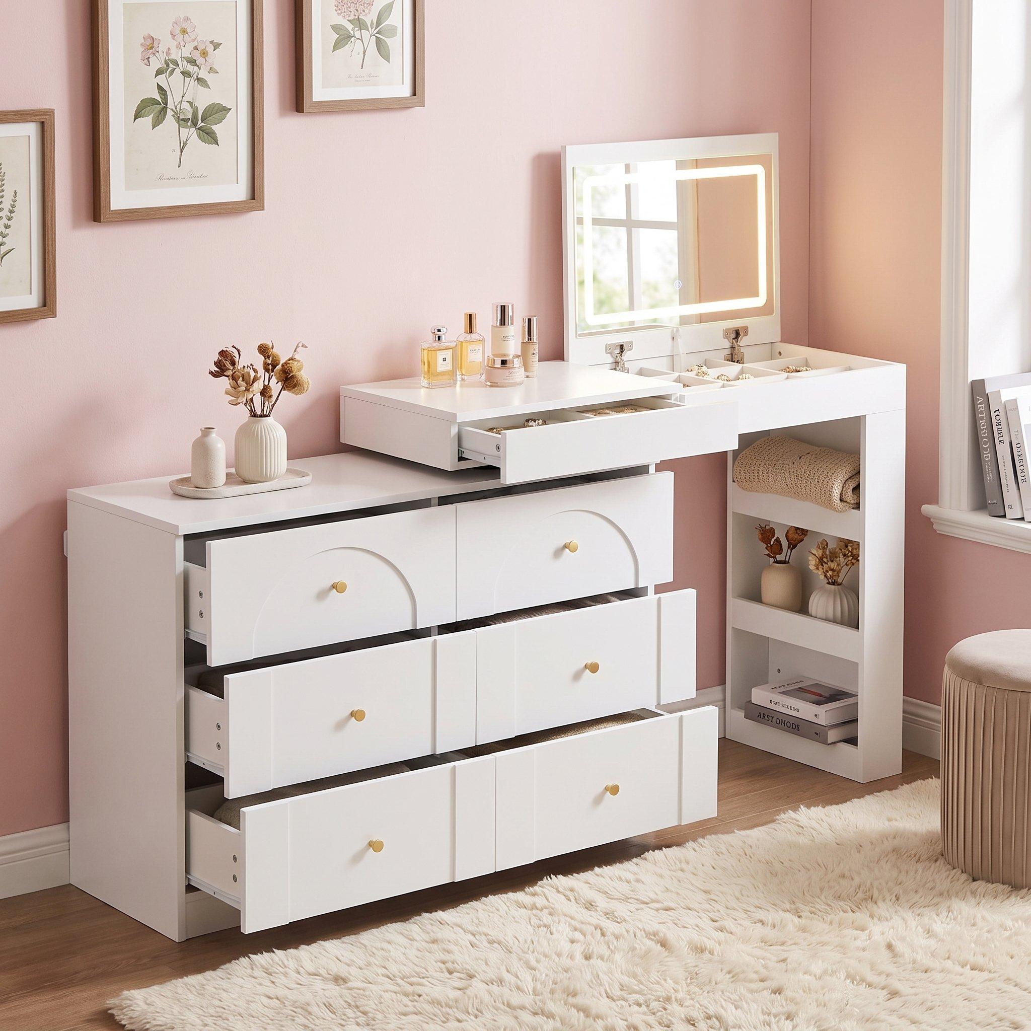 White - Urban Meuble - Modern L-Shaped Vanity Desk with LED Mirror - 3