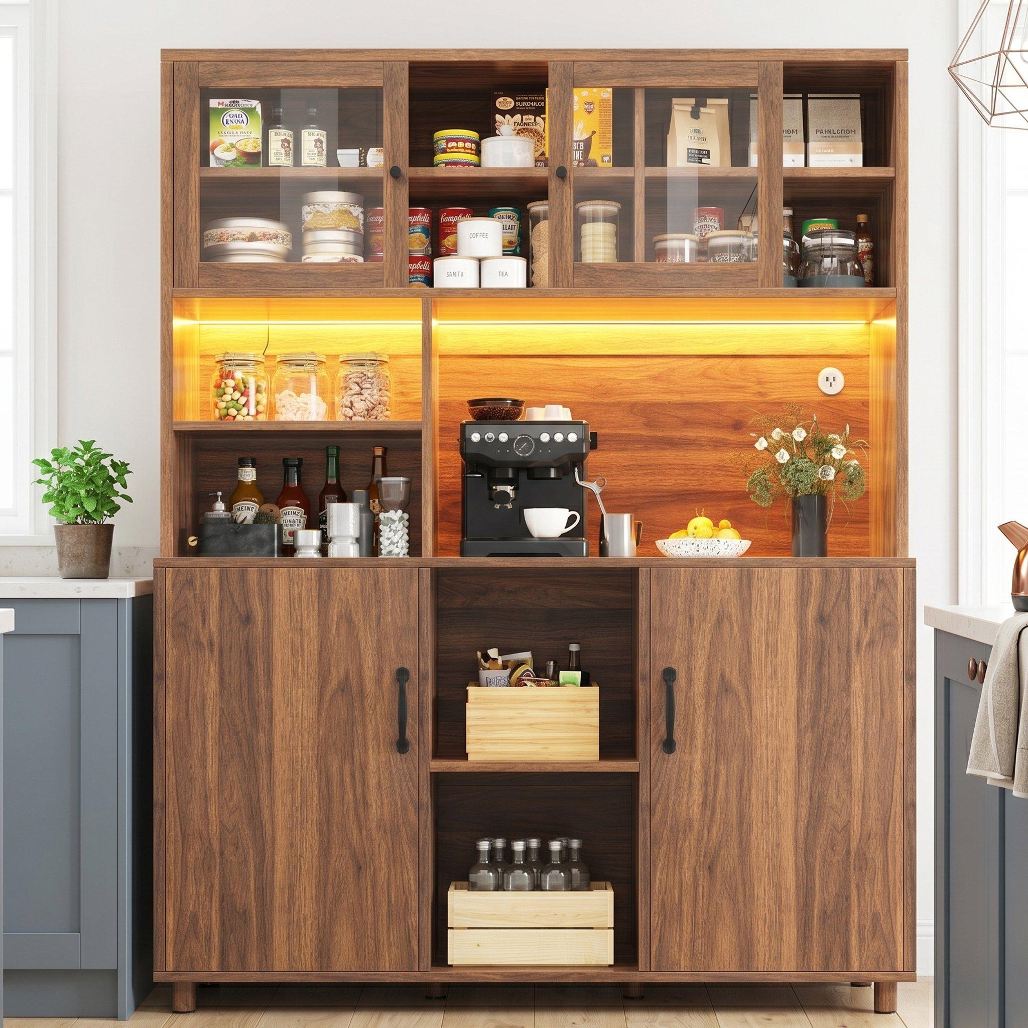 Walnut - Urban Meuble - Vintage LED Kitchen Tall Cabinet - 1