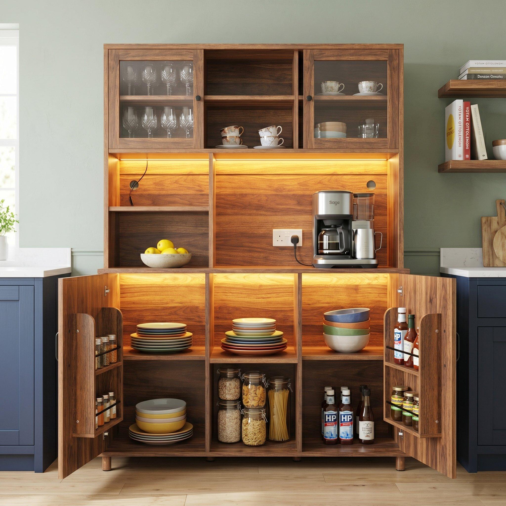 Walnut - Urban Meuble - Vintage LED Kitchen Tall Cabinet - 3