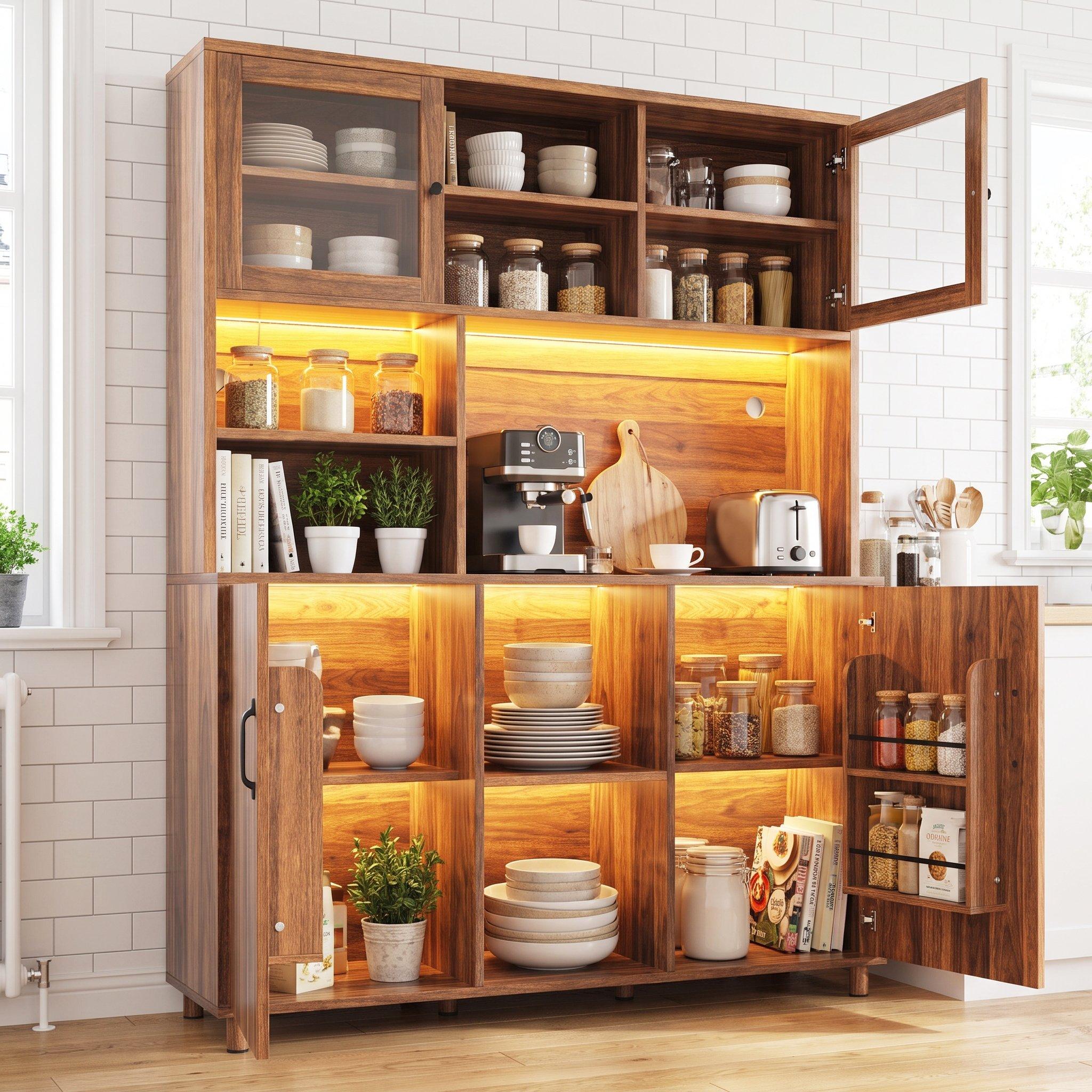 Walnut - Urban Meuble - Vintage LED Kitchen Tall Cabinet - 4