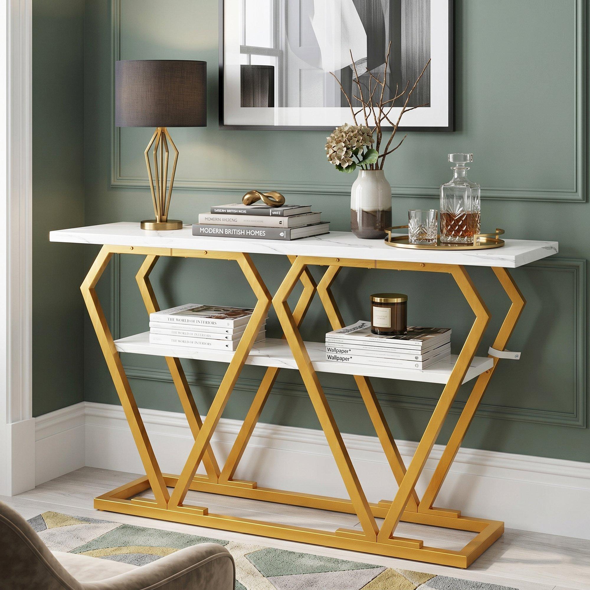 White/Gold - Urban Meuble - Modern Console Table with Storage Shelf - 1
