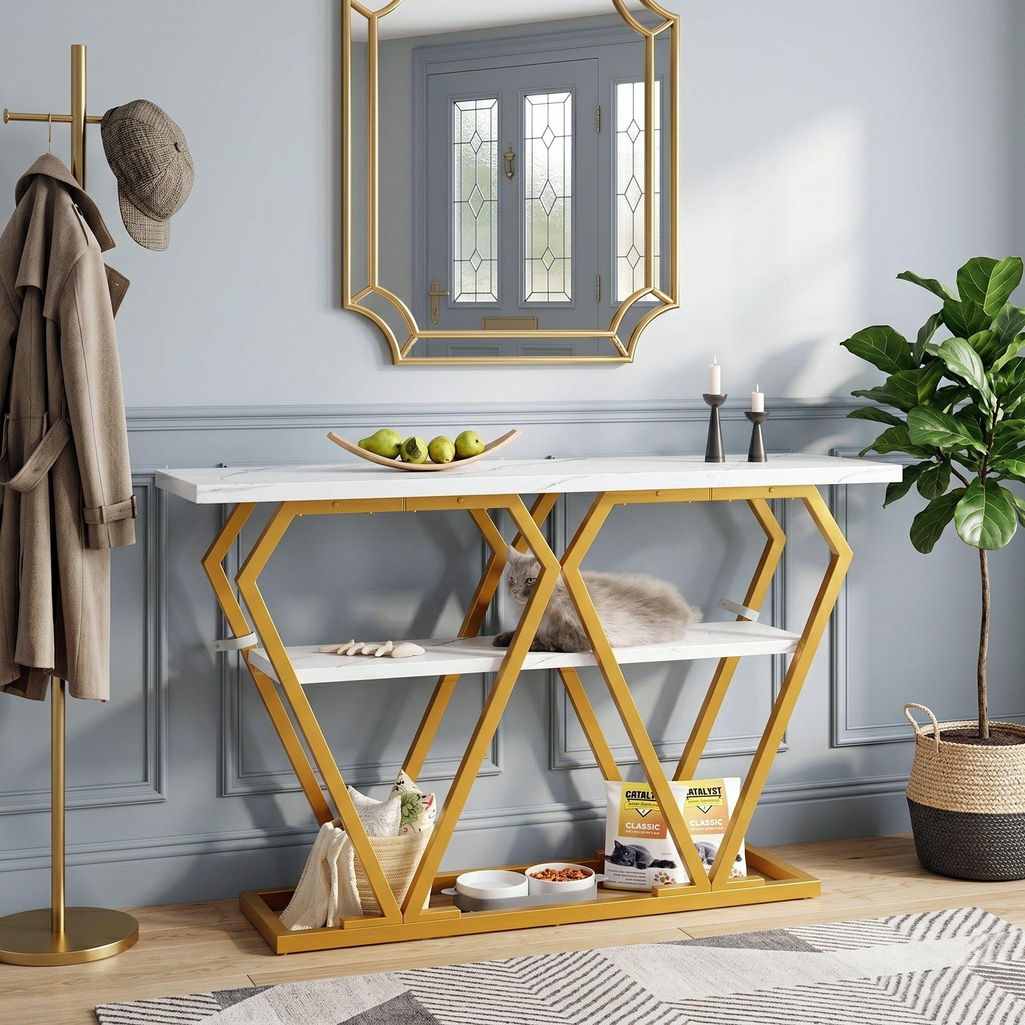 White/Gold - Urban Meuble - Modern Console Table with Storage Shelf - 3