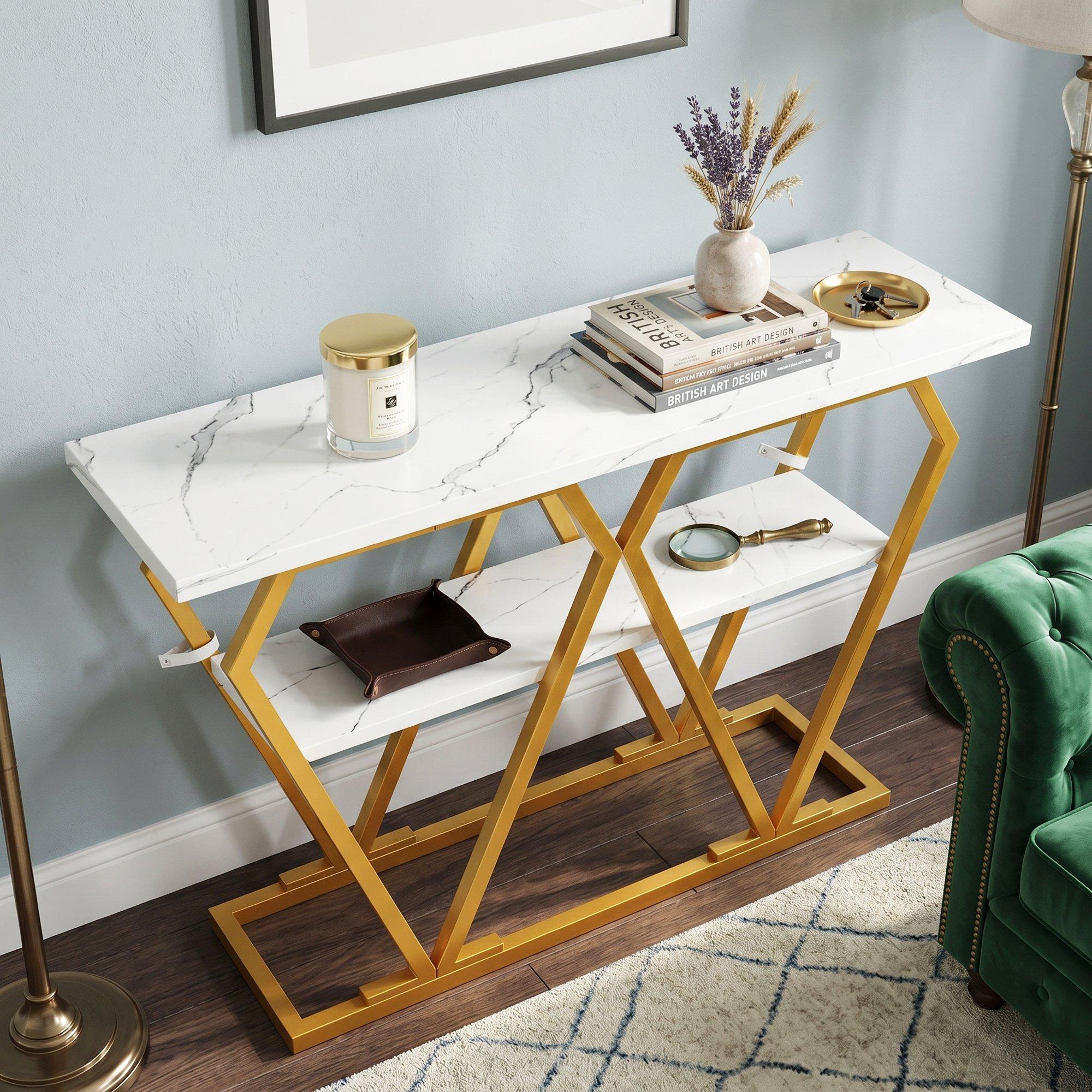 White/Gold - Urban Meuble - Modern Console Table with Storage Shelf - 4