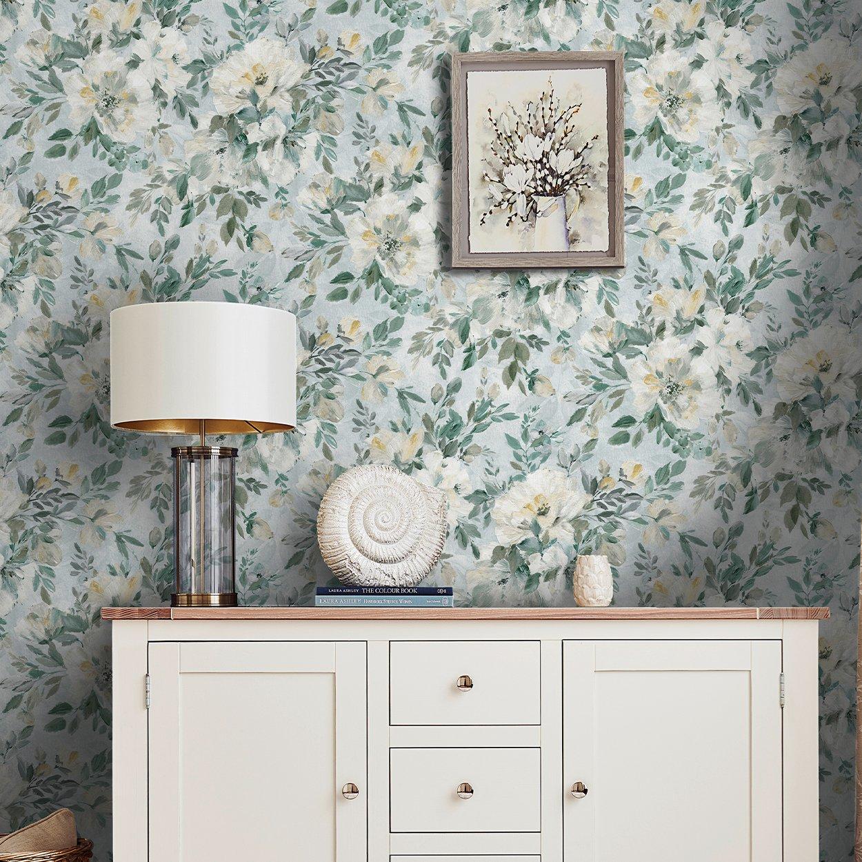 Green - Laura Ashley - Laura Ashley Elowen Peony Pale Teal Wallpaper - 1