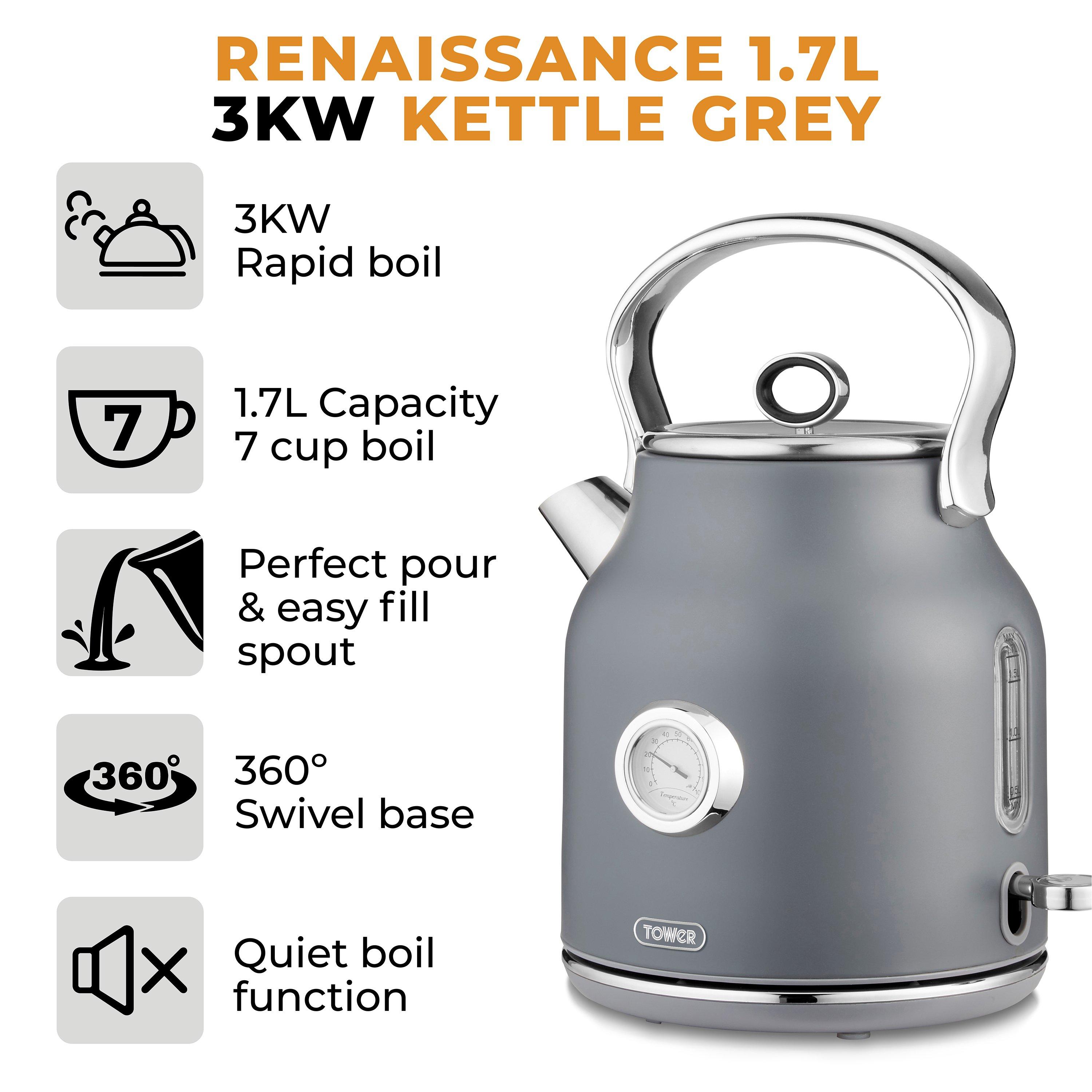 Grey - Tower - Renaissance 1.7 Litre 3KW Kettle Grey with Chrome - 2