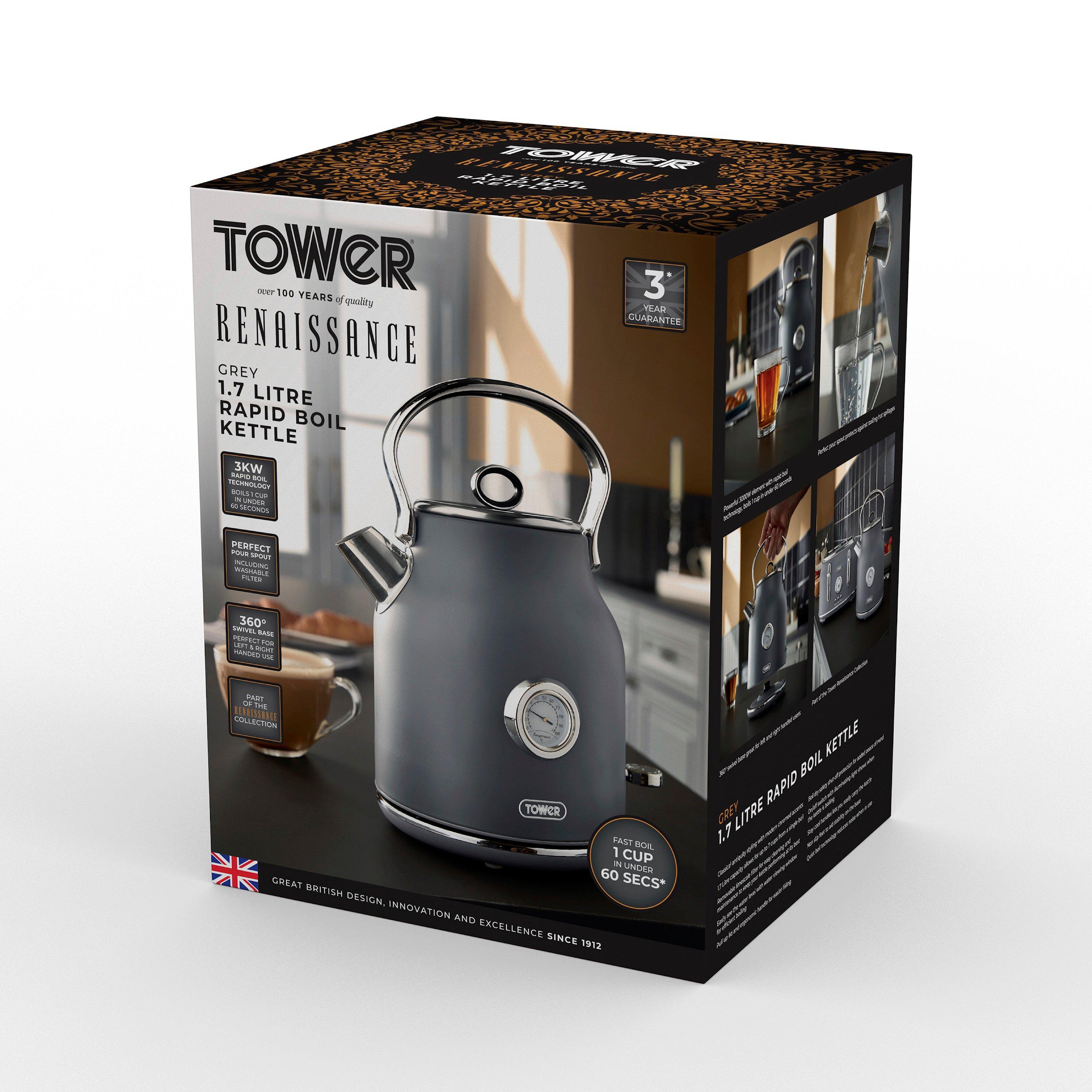 Grey - Tower - Renaissance 1.7 Litre 3KW Kettle Grey with Chrome - 9