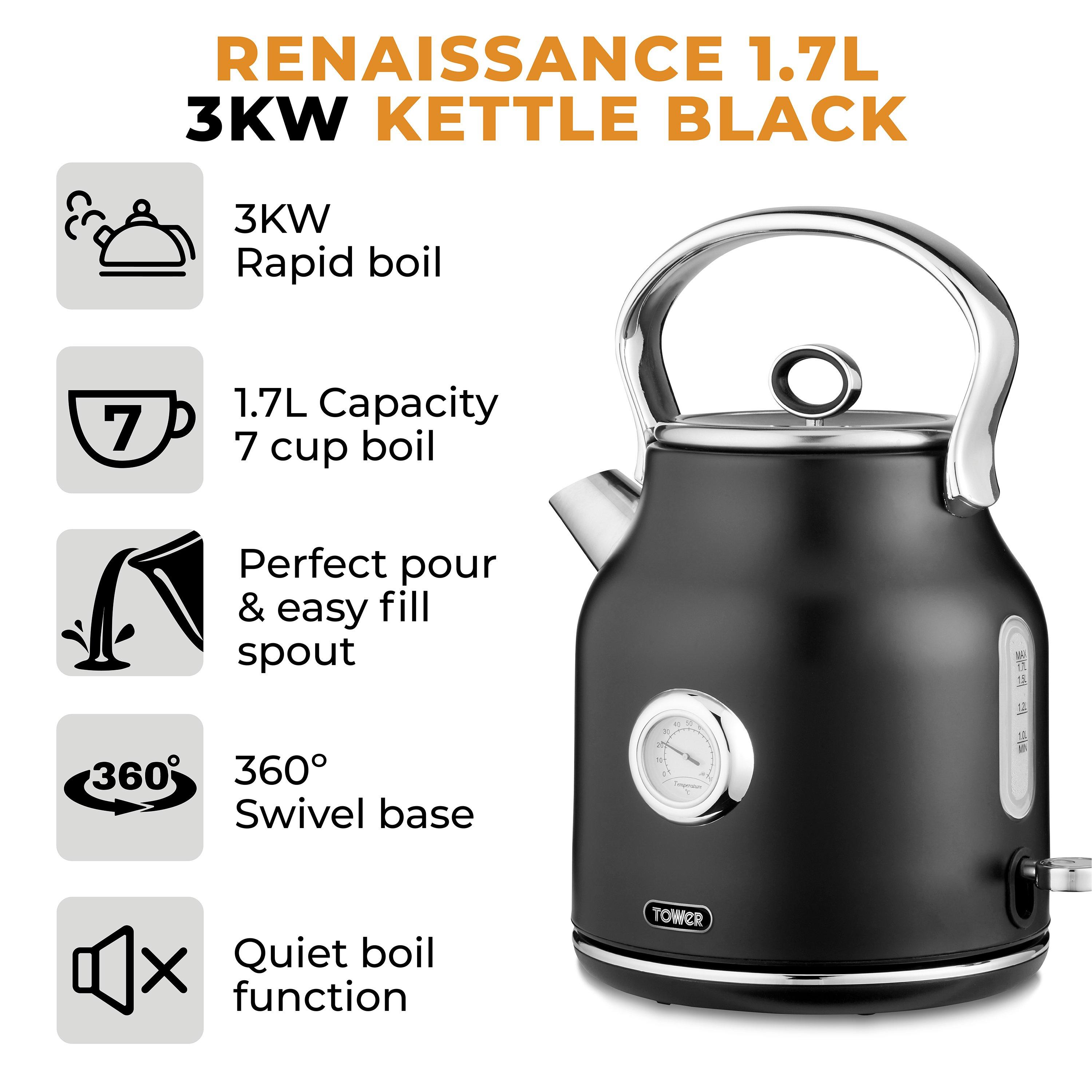 Black - Tower - Renaissance 1.7 Litre 3KW Kettle Black with Chrome - 2