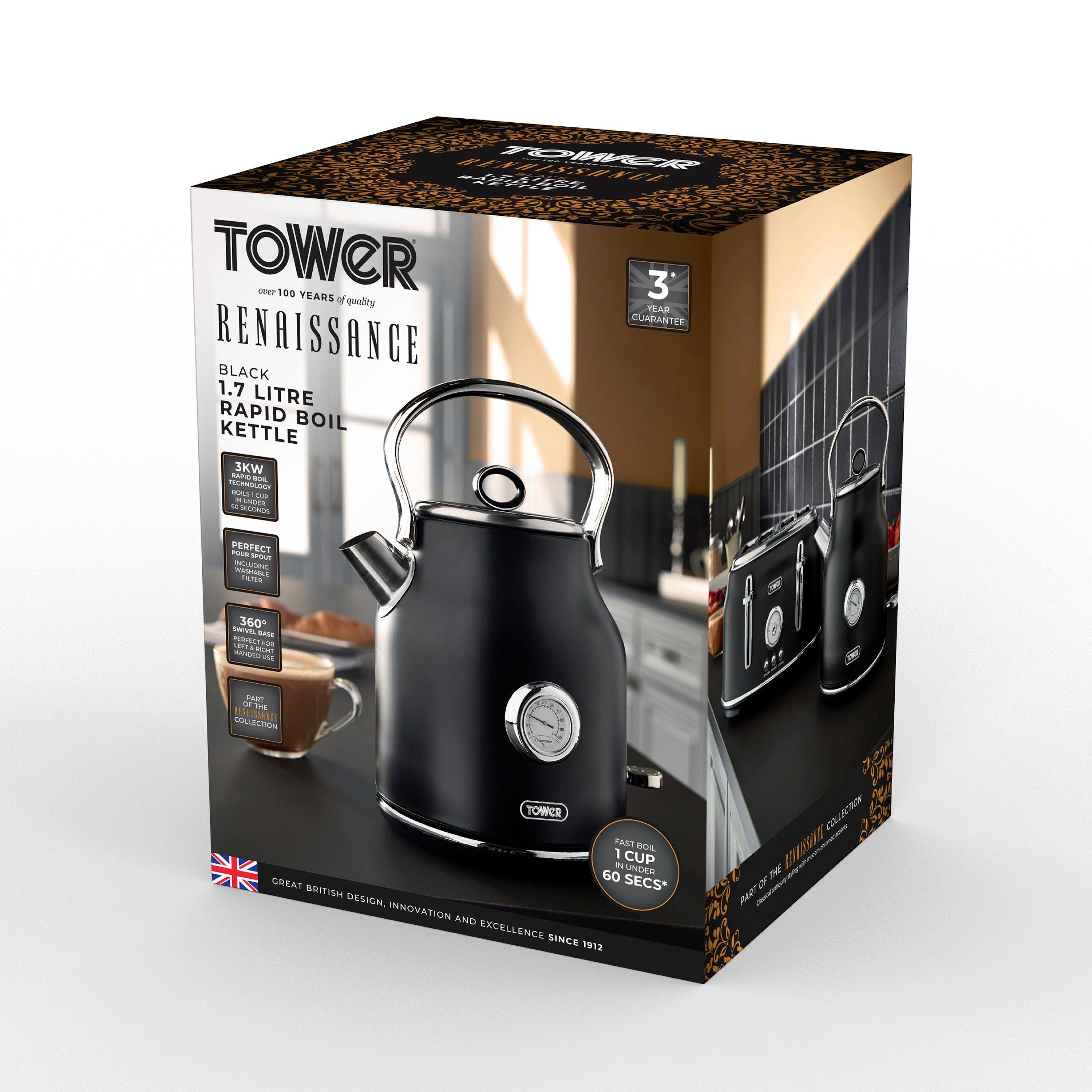 Black - Tower - Renaissance 1.7 Litre 3KW Kettle Black with Chrome - 9
