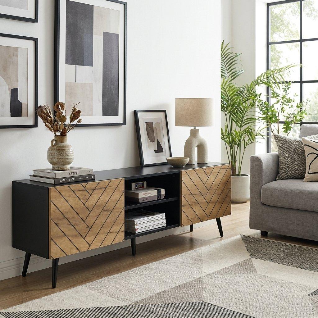 Oak/Black - Urban Meuble - Modern Geometric TV Stand Media Console - 3