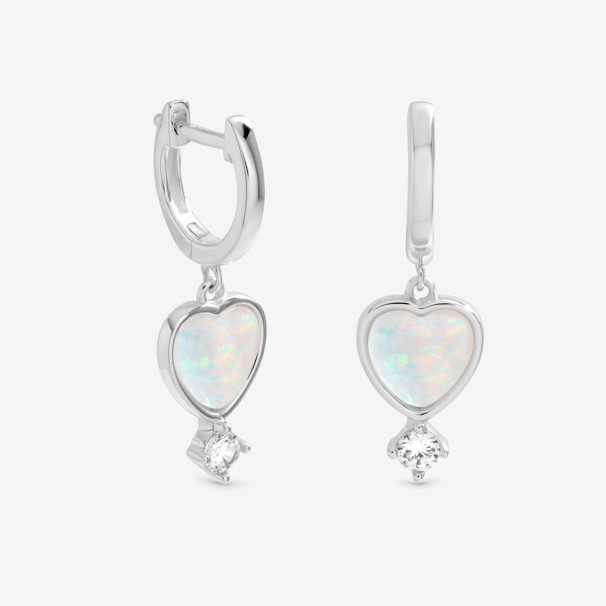 Silver - Inicio - Sterling Silver Plated Opal Heart Charm Earrings - 1