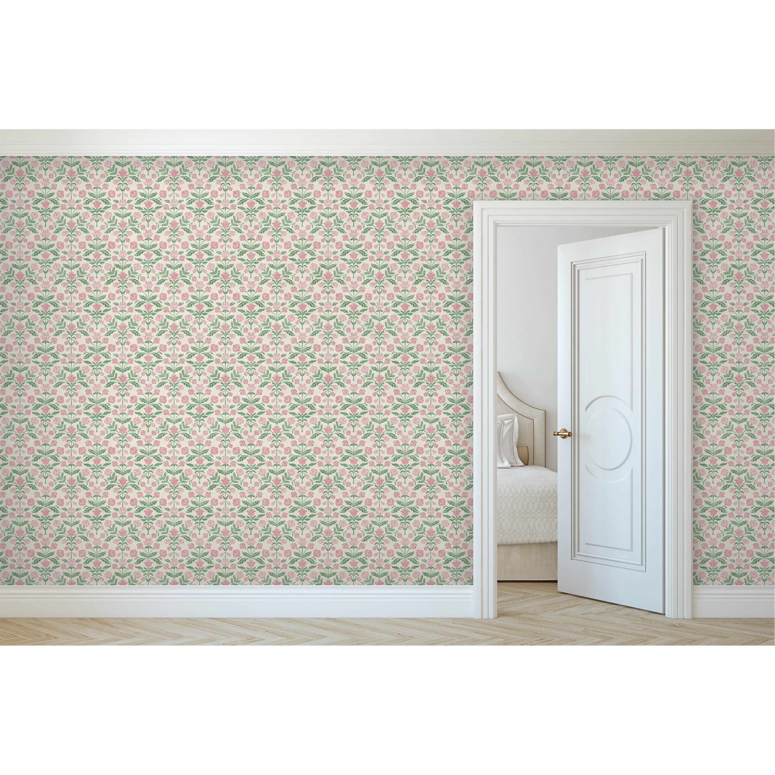 Pink - Arthouse - Modern Floral Damask Green / Pink Wallpaper - 2