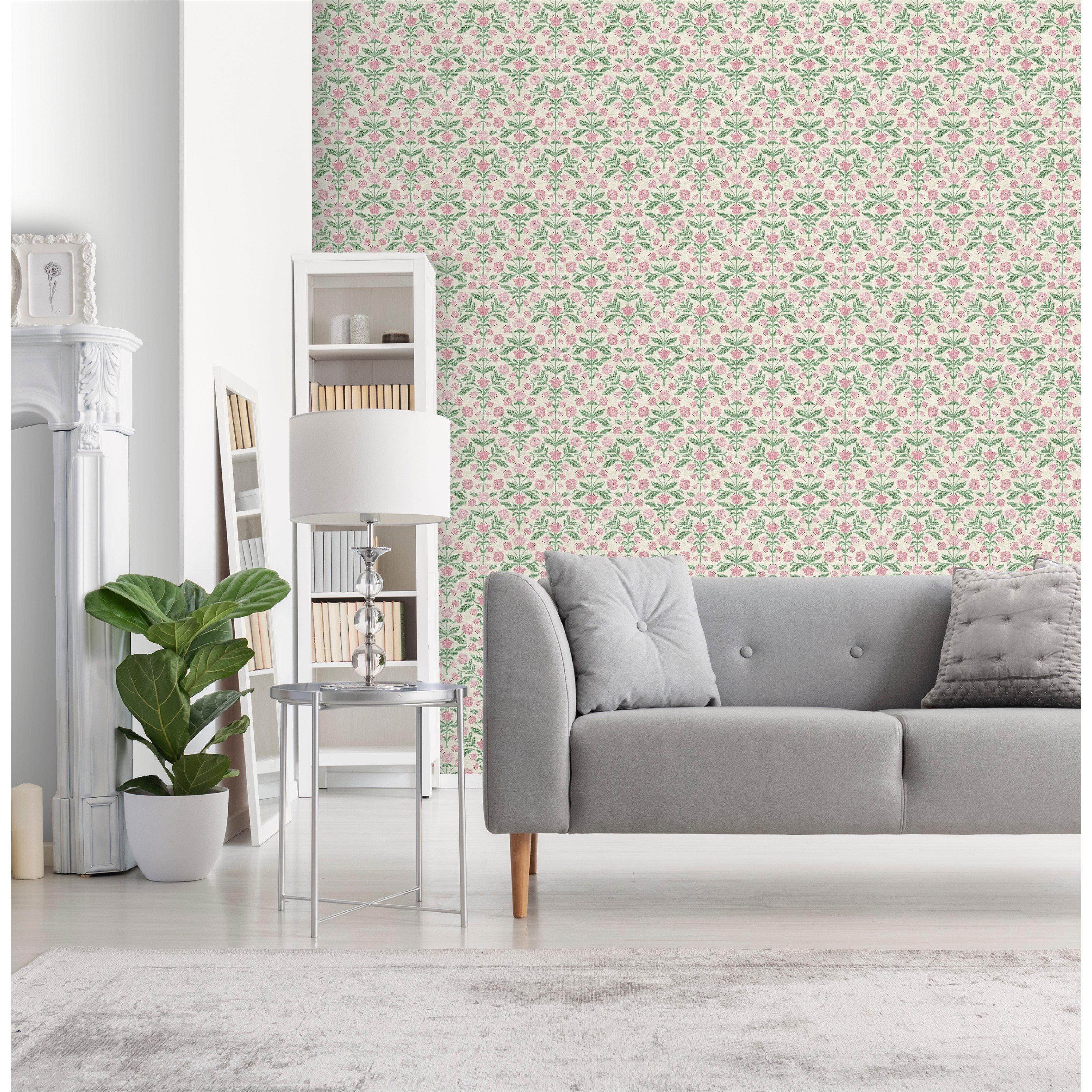 Pink - Arthouse - Modern Floral Damask Green / Pink Wallpaper - 3