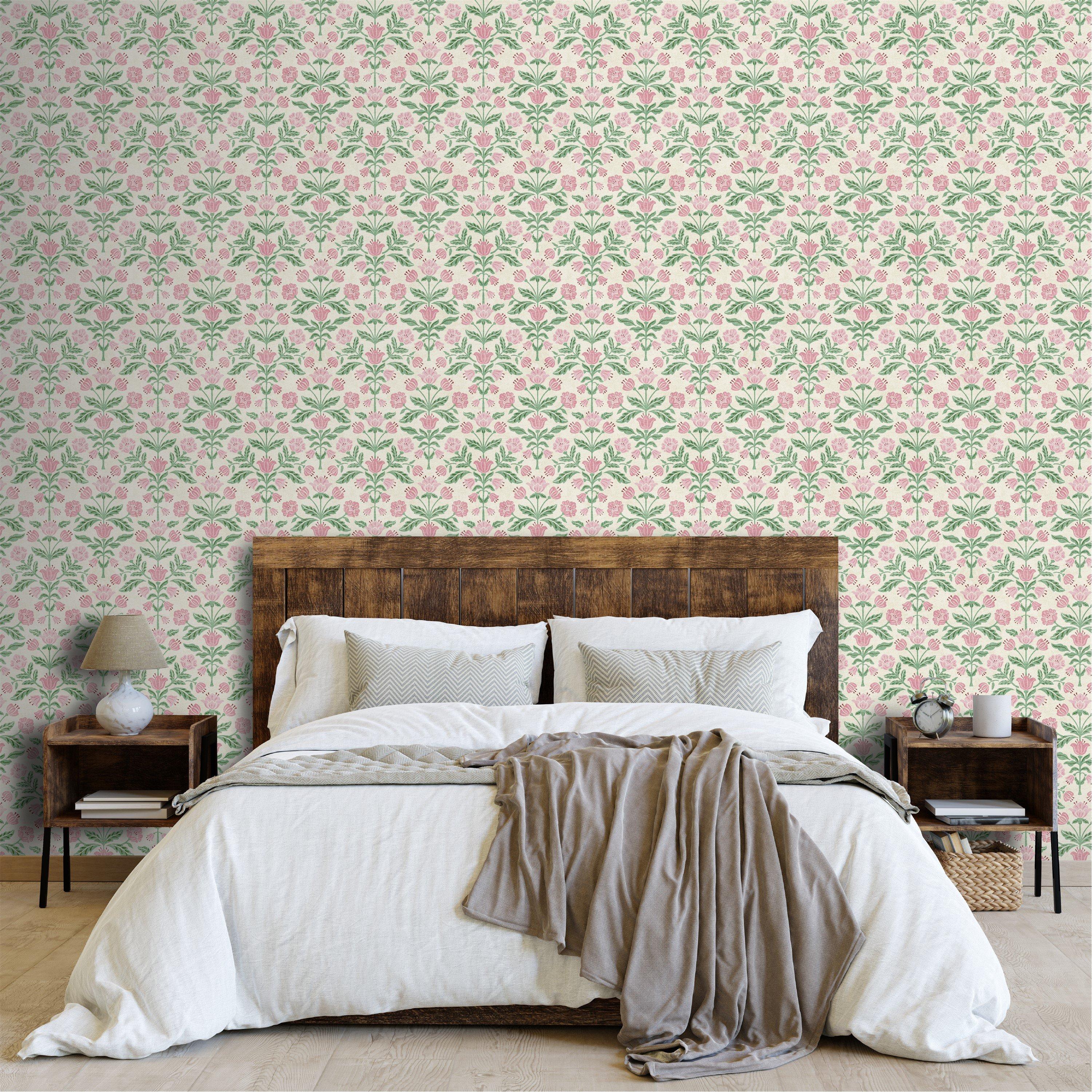 Pink - Arthouse - Modern Floral Damask Green / Pink Wallpaper - 4