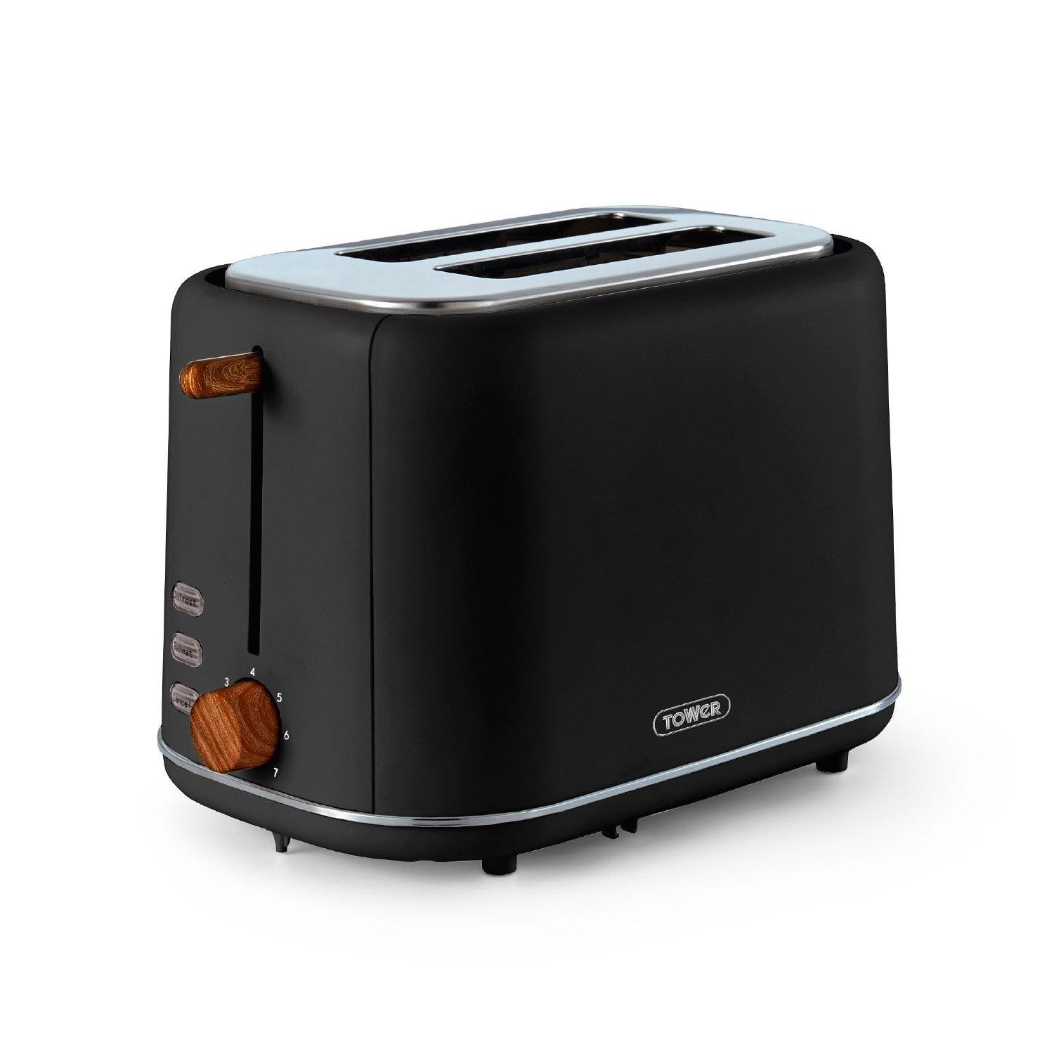 Tower Scandi 2 Slice Toaster Black with Wooden Accents