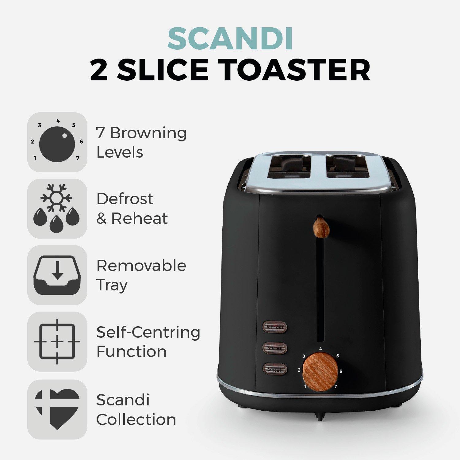 Black - Tower - Scandi 2 Slice Toaster Black with Wooden Accents - 2