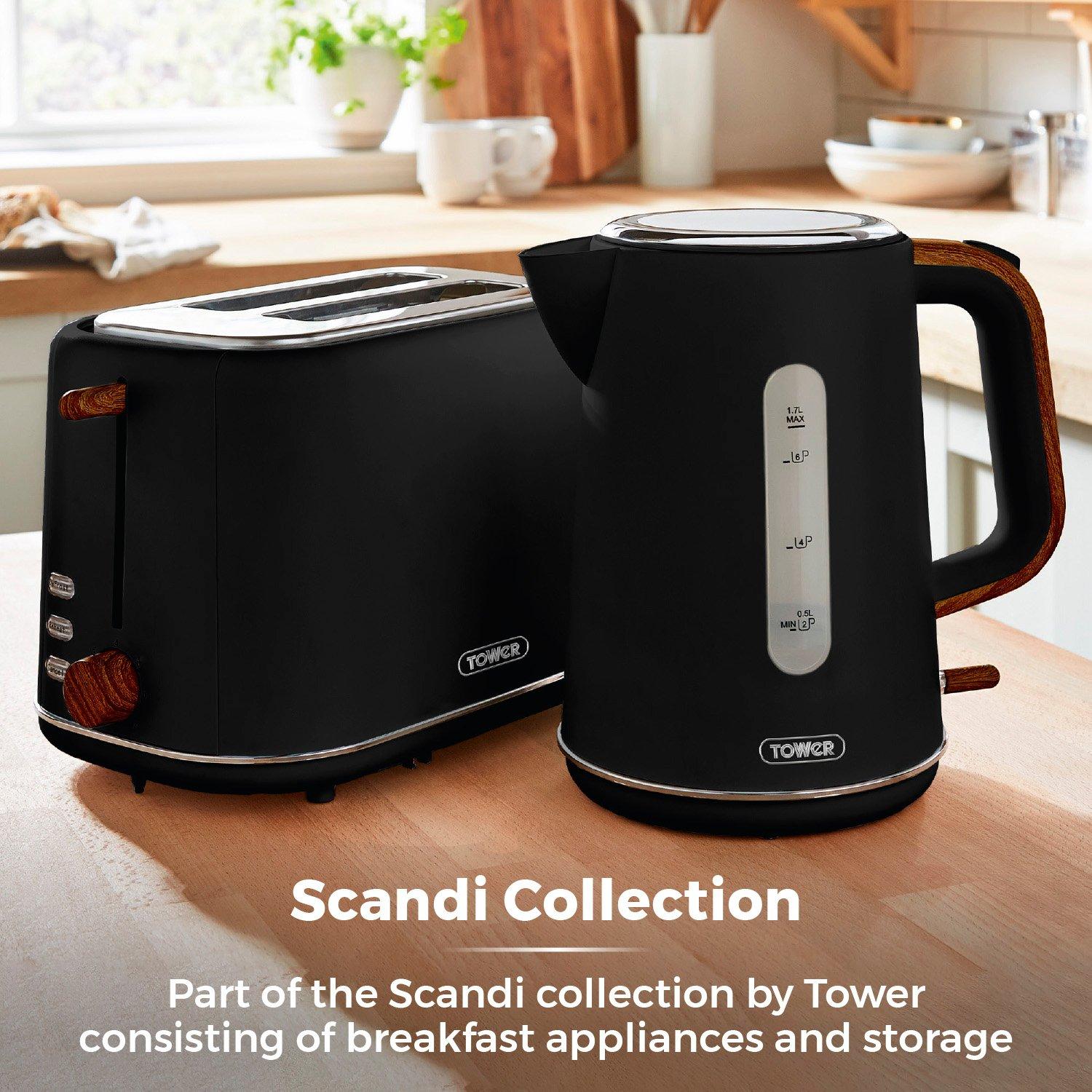 Black - Tower - Scandi 2 Slice Toaster Black with Wooden Accents - 8