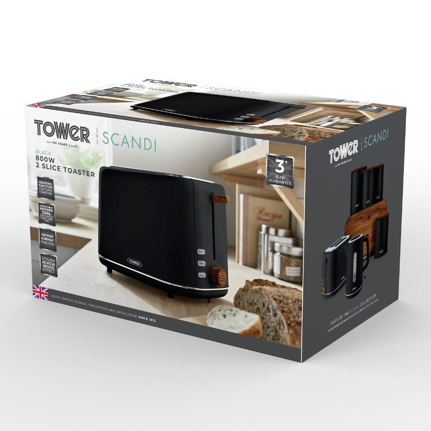 Black - Tower - Scandi 2 Slice Toaster Black with Wooden Accents - 10
