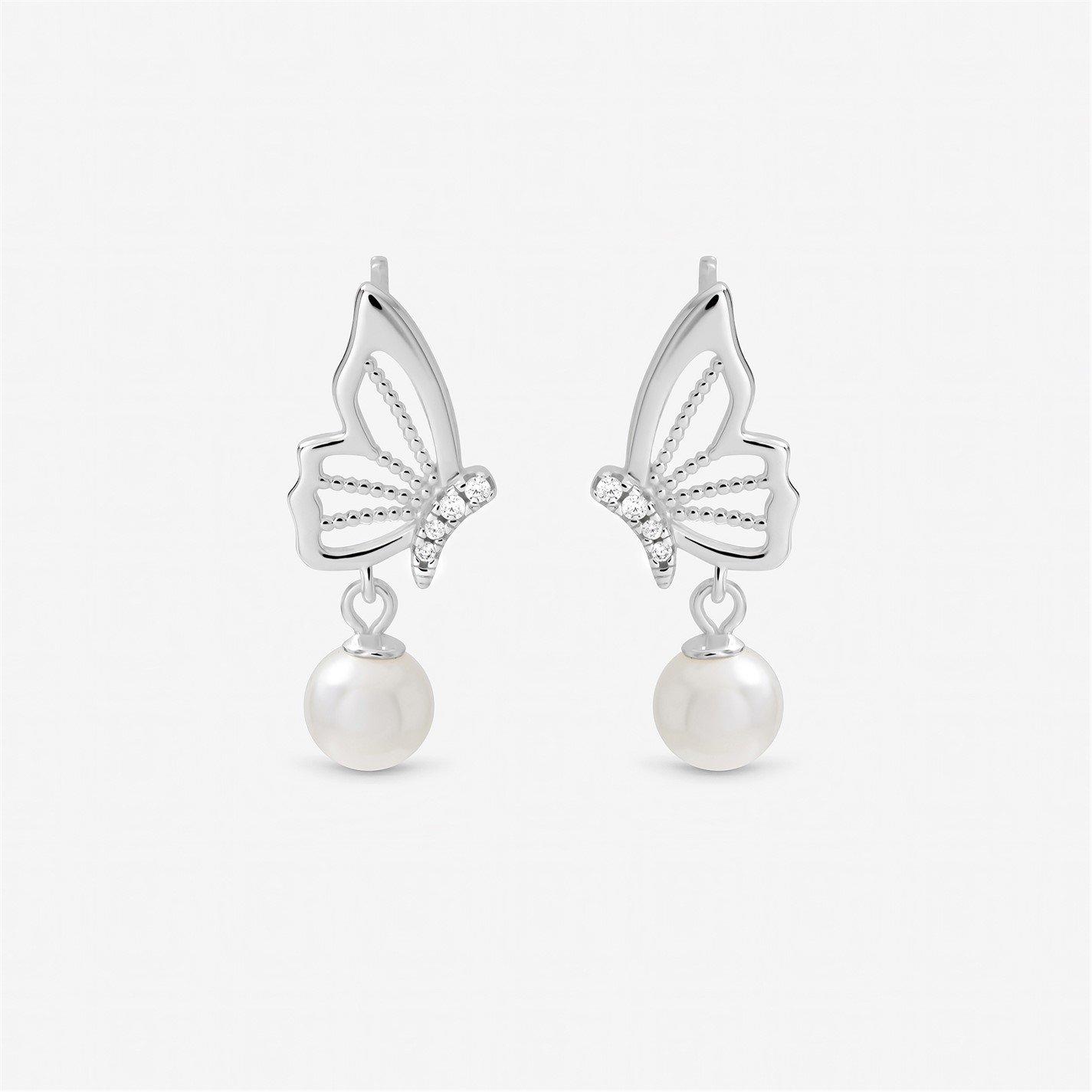 Inicio Women's Sterling Plated Butterfly Pearl Earrings Silver