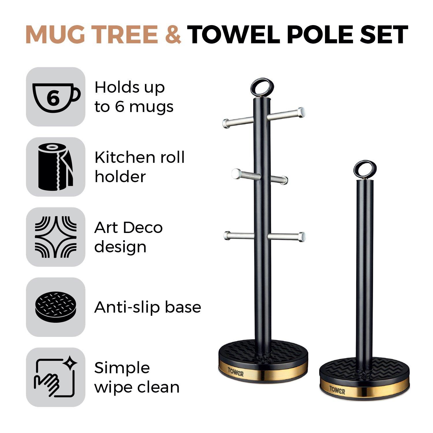 Black - Tower - Empire 6 Cup Mug Tree And Towel Pole Set - 2