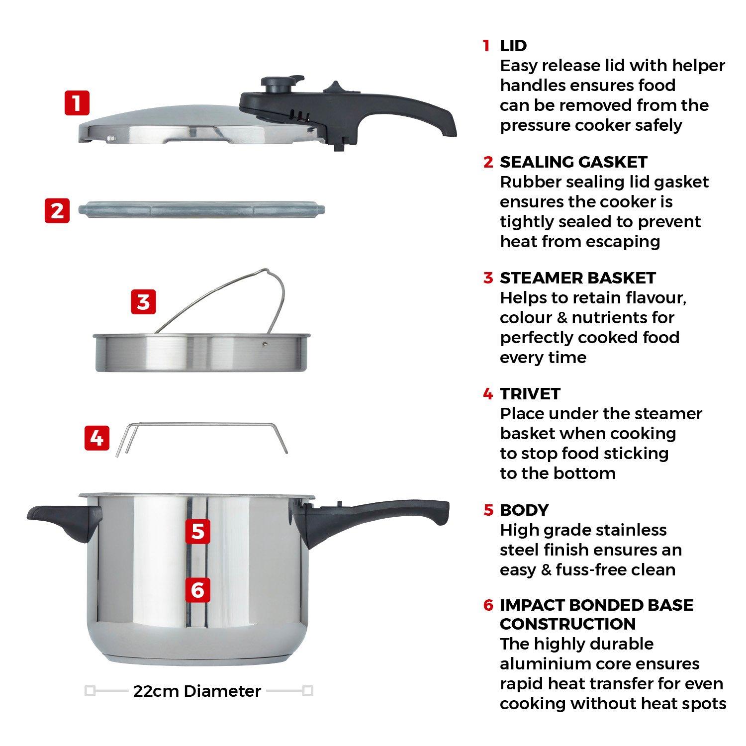 Stainless Steel - Tower - 6 Litre Stainless Steel Pressure Cooker - 8