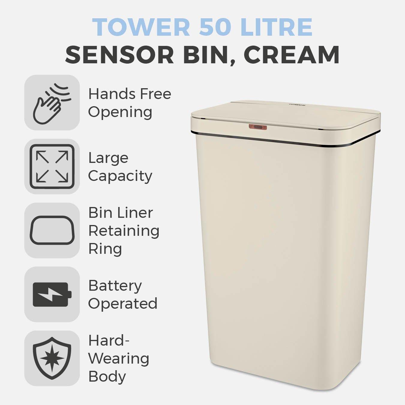 Cream - Tower - 50L Rectangular Sensor Bin Cream - 2