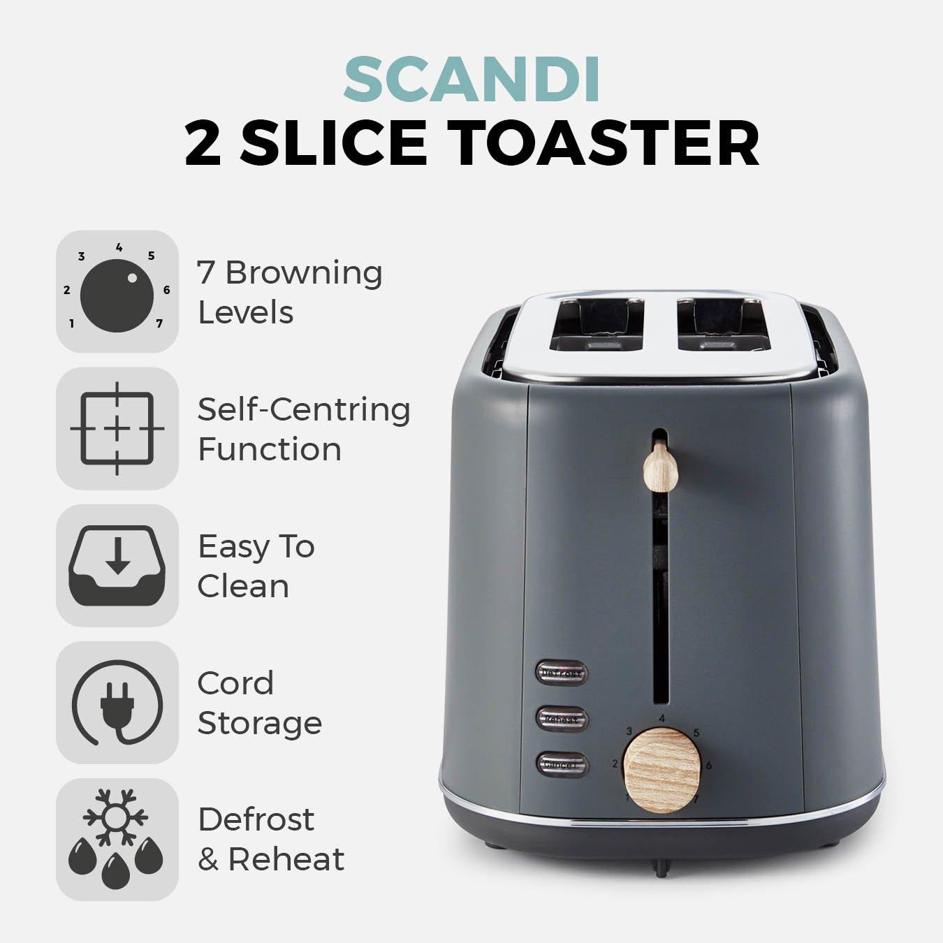 Grey - Tower - Scandi 2 Slice Toaster Grey with Wooden Accents - 2