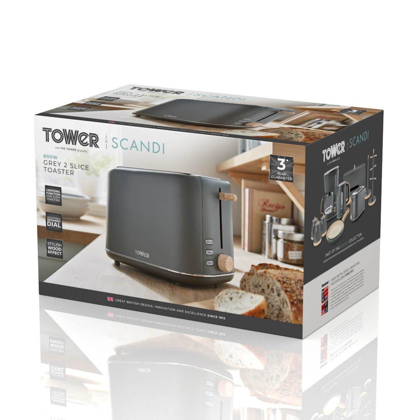 Grey - Tower - Scandi 2 Slice Toaster Grey with Wooden Accents - 10