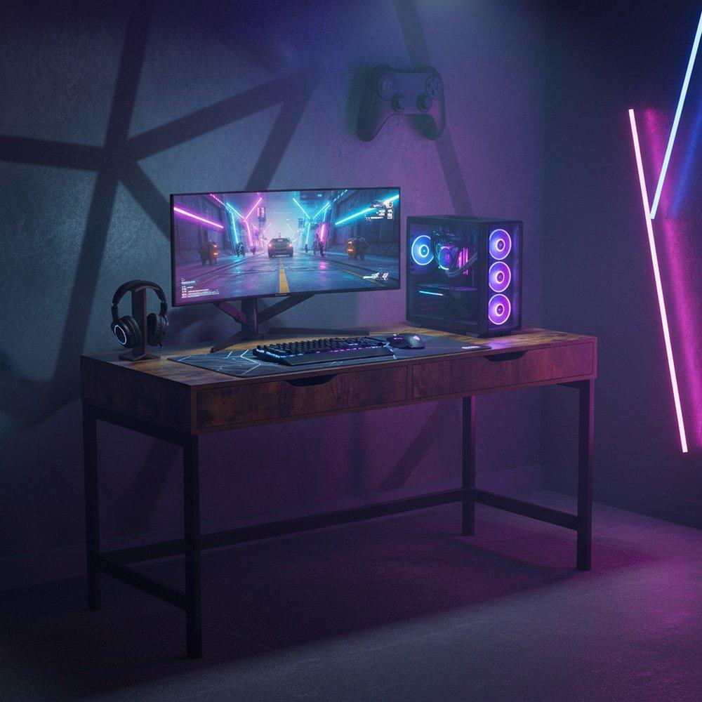 Brown - Urban Meuble - Modern Desk Wood Finish Sturdy Metal Frame - 2