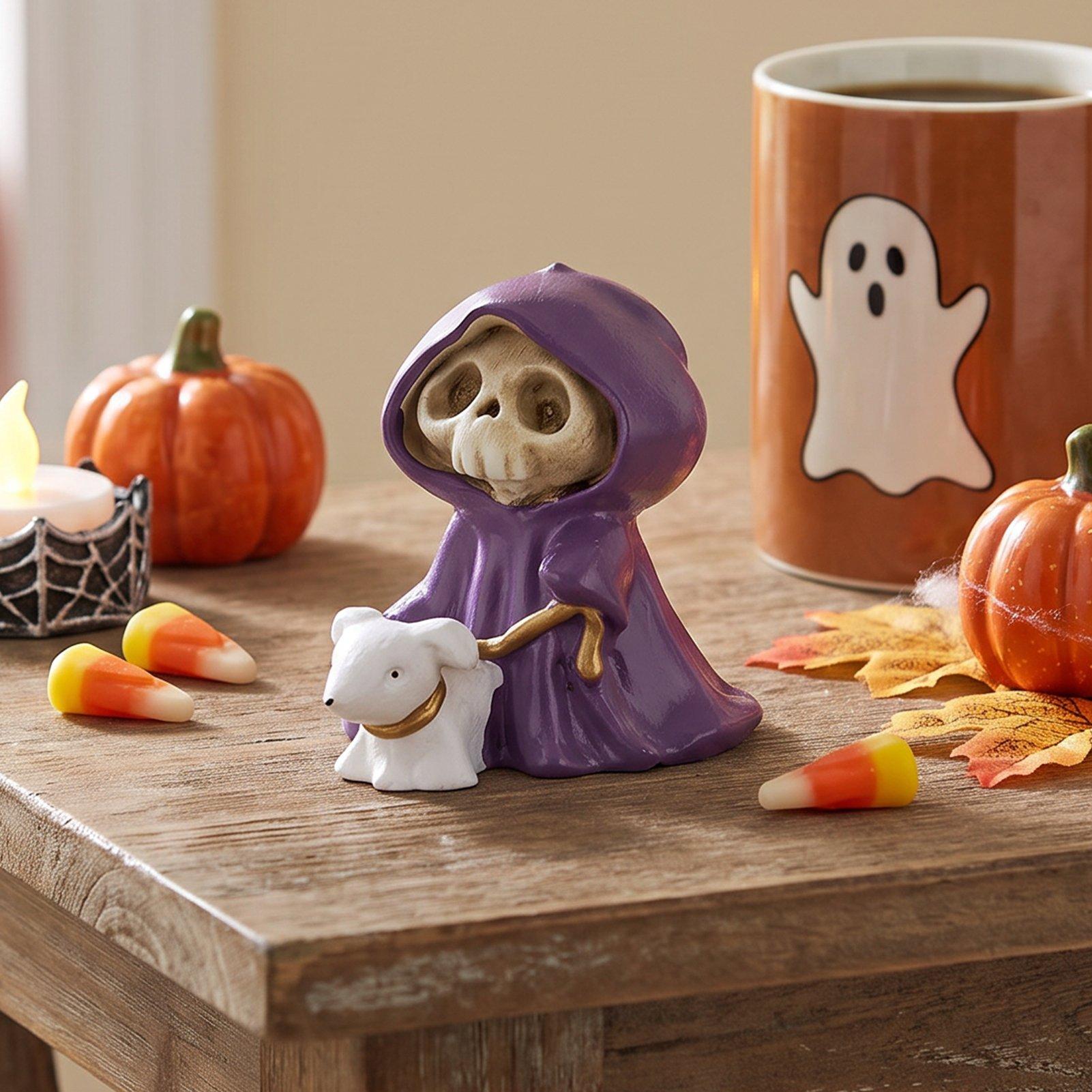 Purple - LIFE IDEAS - Halloween Skull Grim Reaper Walking Dog Figurine - 1