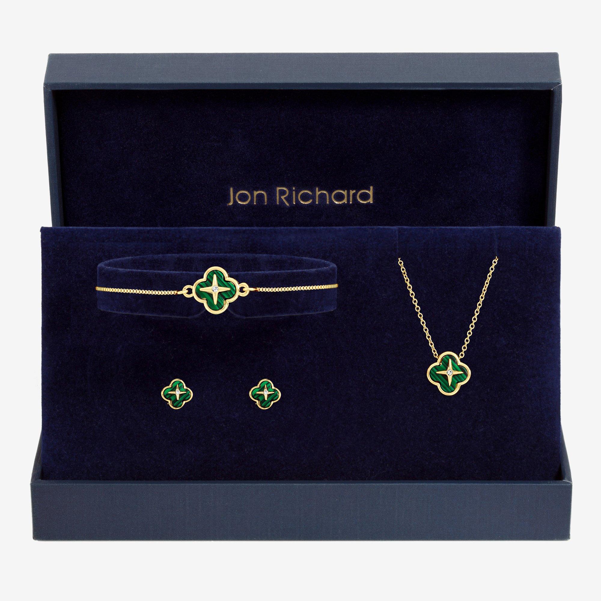 Gold - Jon Richard - Gold Plated Malachite Clover Trio Set - Gift Box - 1