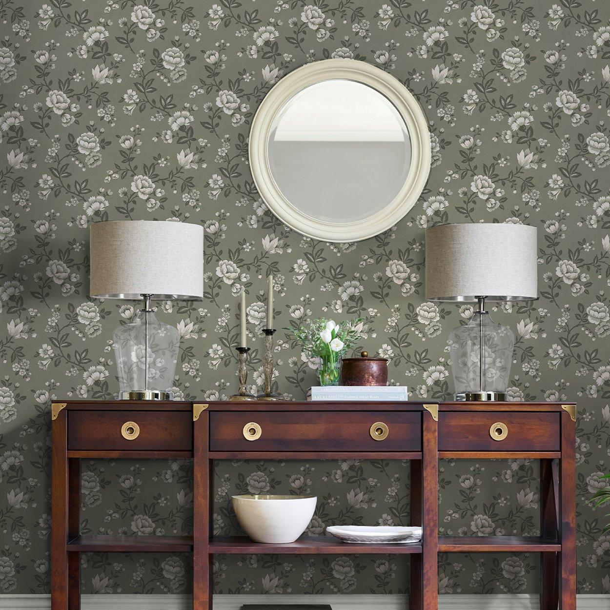 Green - Laura Ashley - Bradenbury Trail Antique Green Wallpa - 1