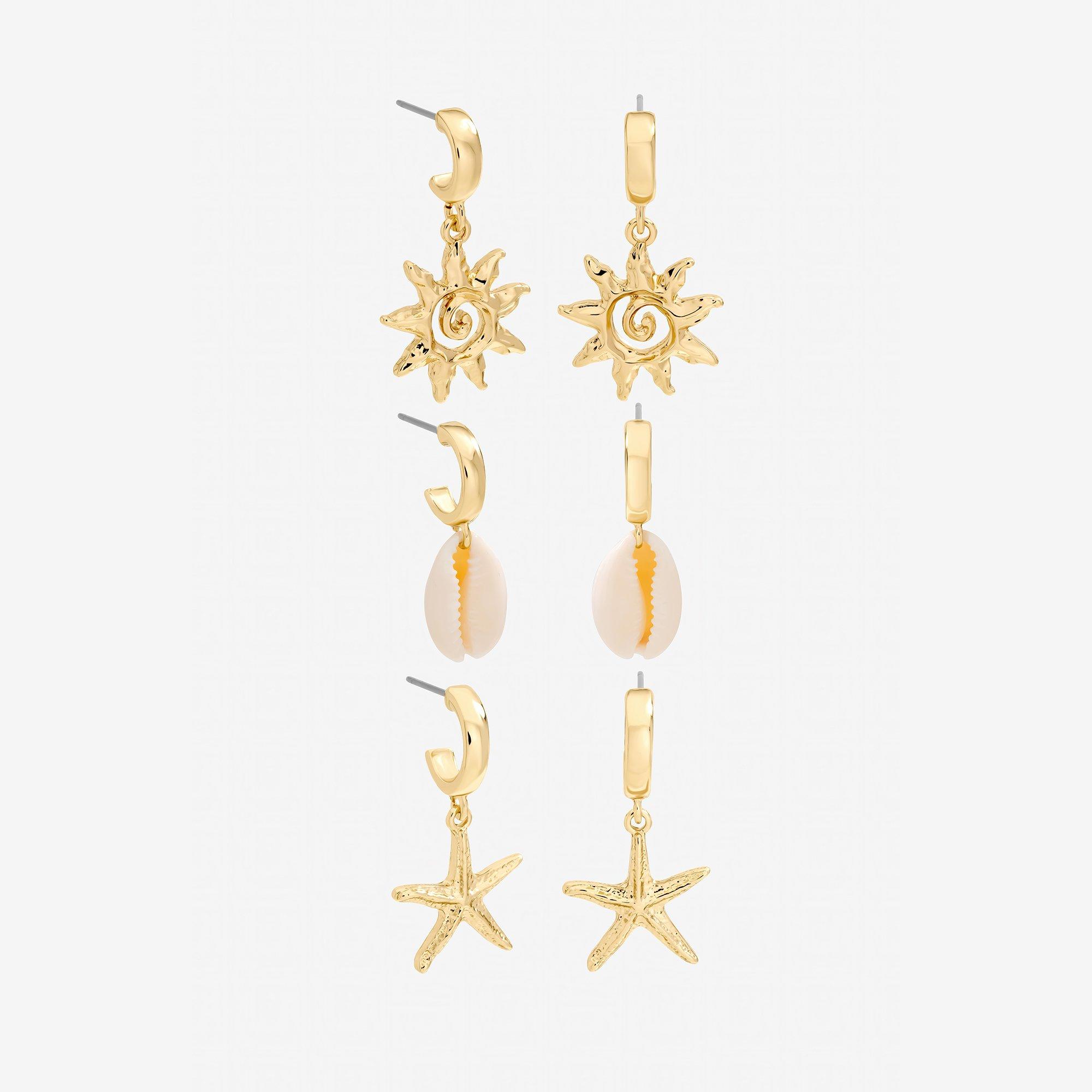 Gold - Mood - Gold Plated Real Shell Charm Earrings - Pack of 3