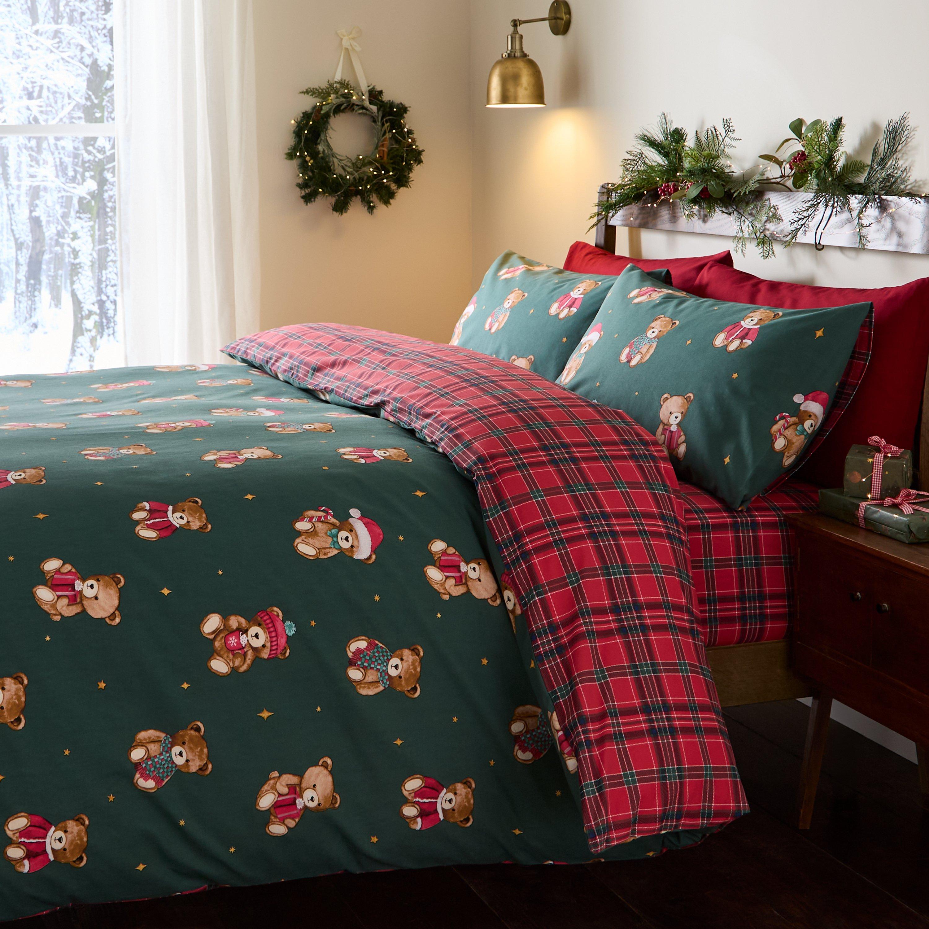 Green - Catherine Lansfield - Christmas Tartan Teddy Bear Duvet Cover Set - 1