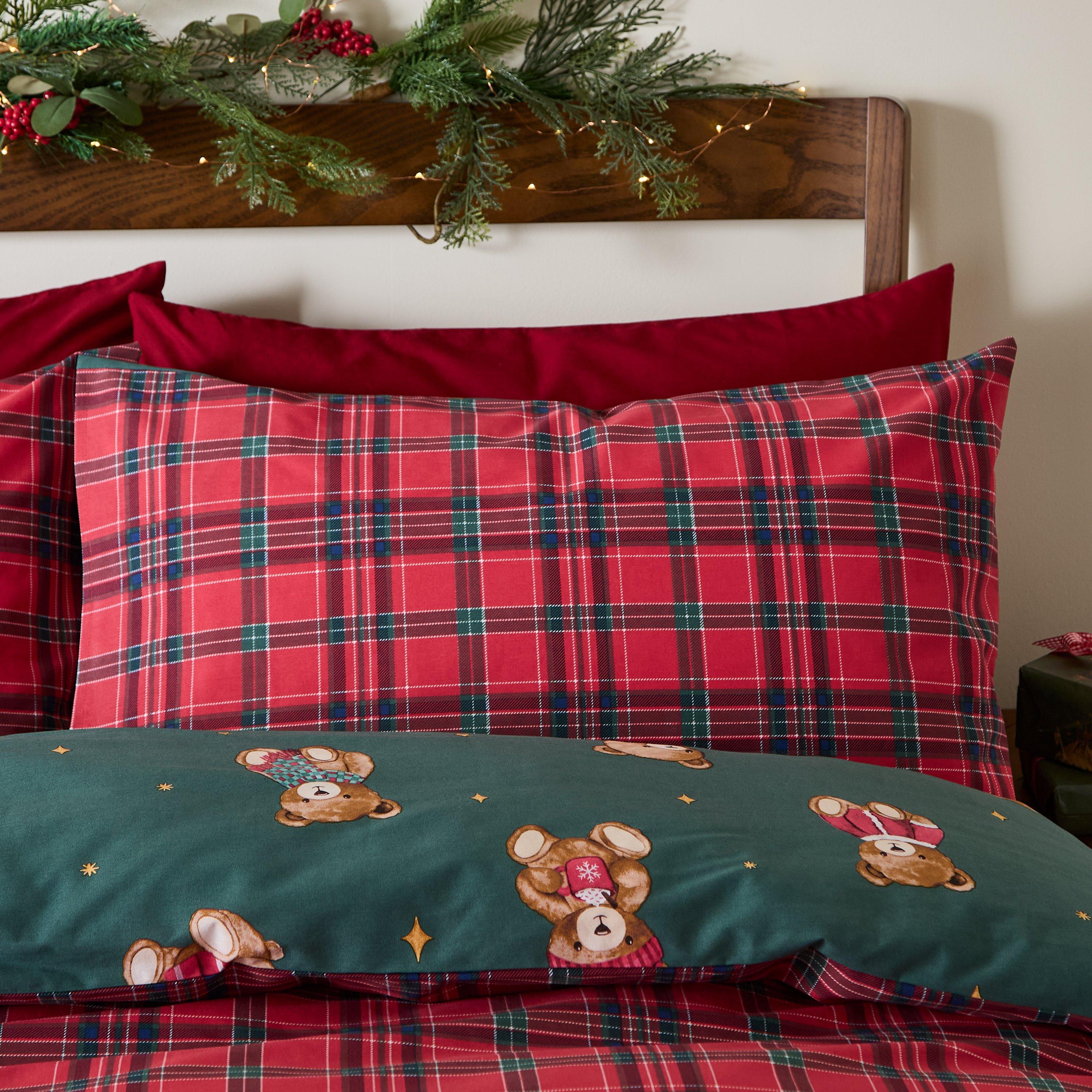 Green - Catherine Lansfield - Christmas Tartan Teddy Bear Duvet Cover Set - 4