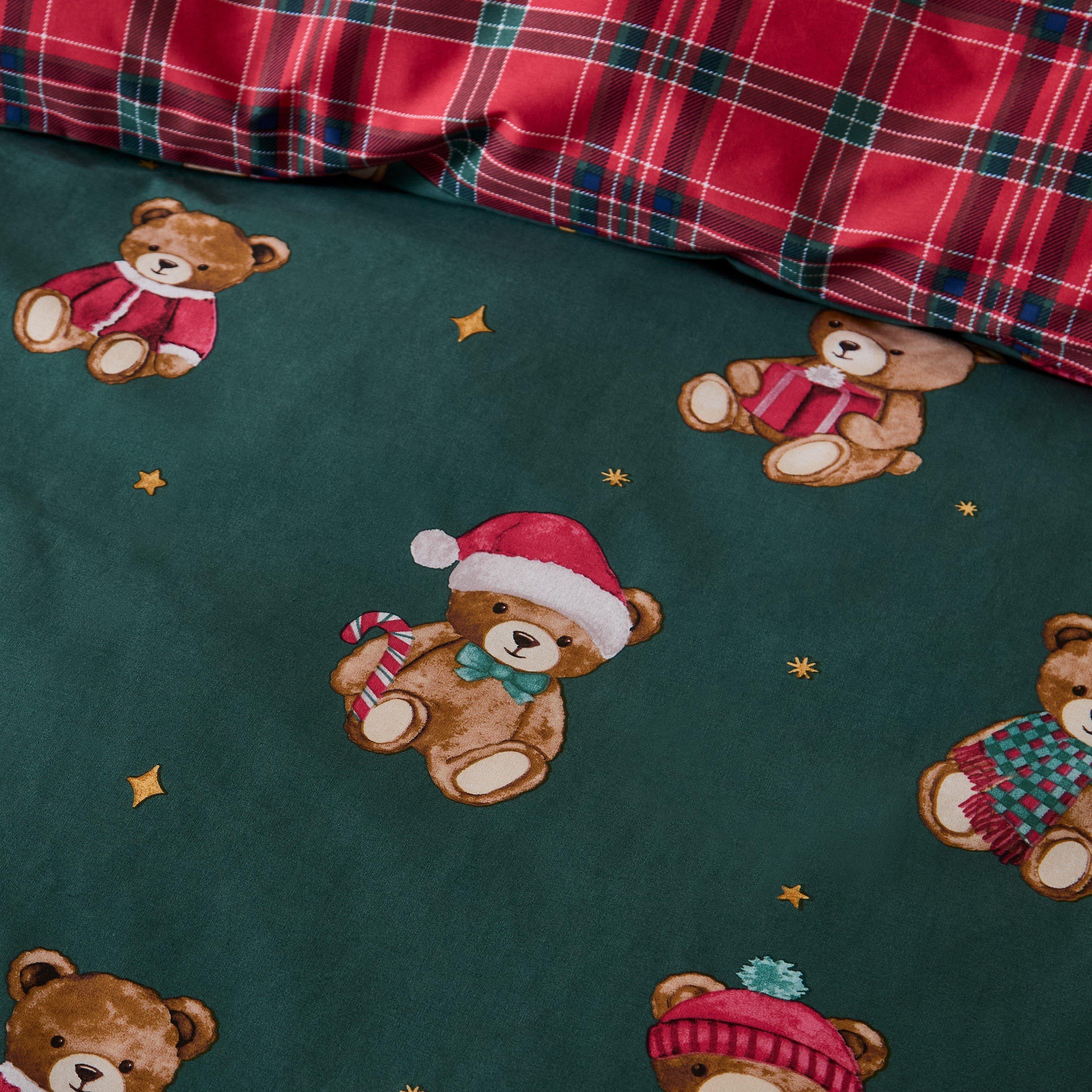 Green - Catherine Lansfield - Christmas Tartan Teddy Bear Duvet Cover Set - 5