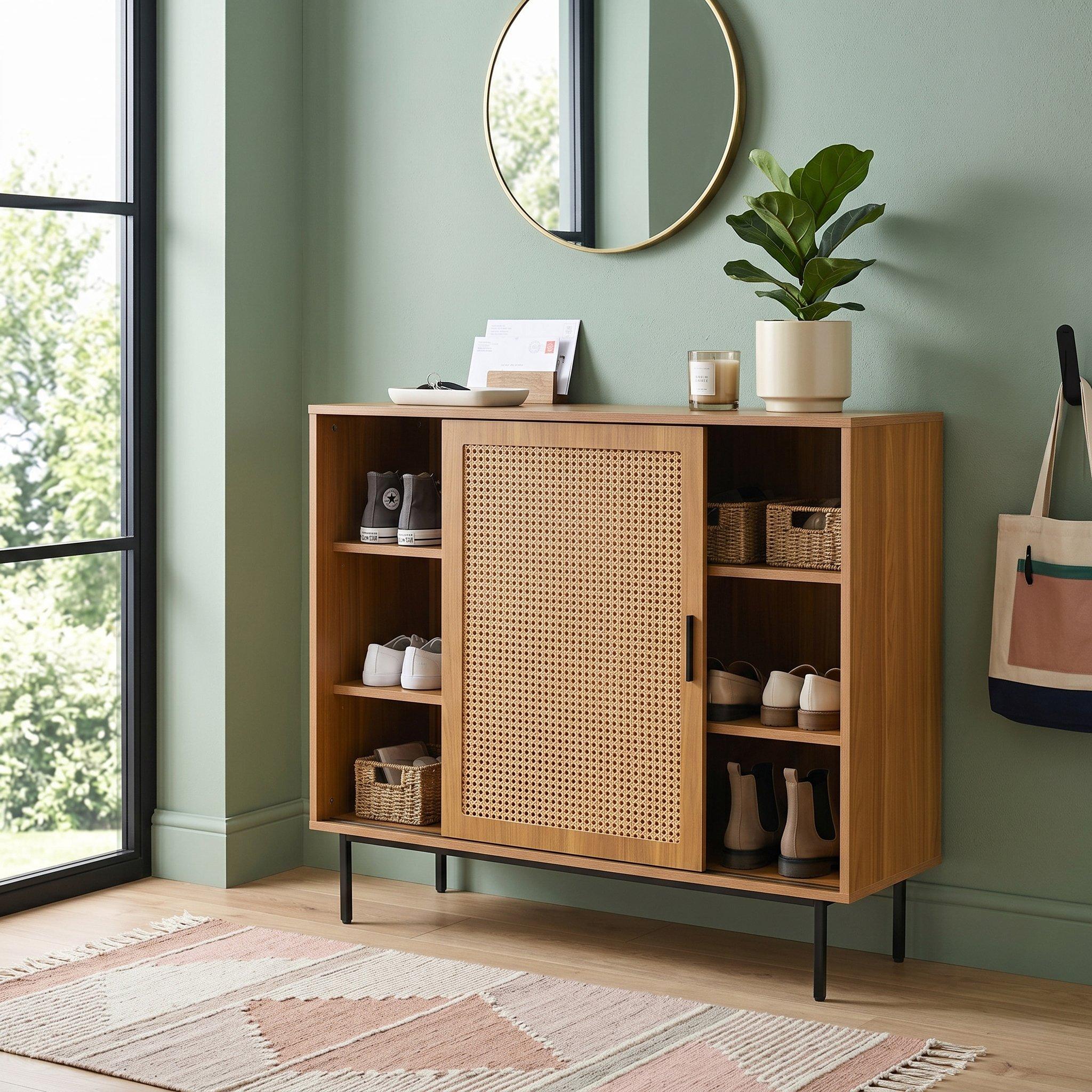 Walnut - Urban Meuble - Vintage Rattan Sliding Door Shoe Cabinet - 1