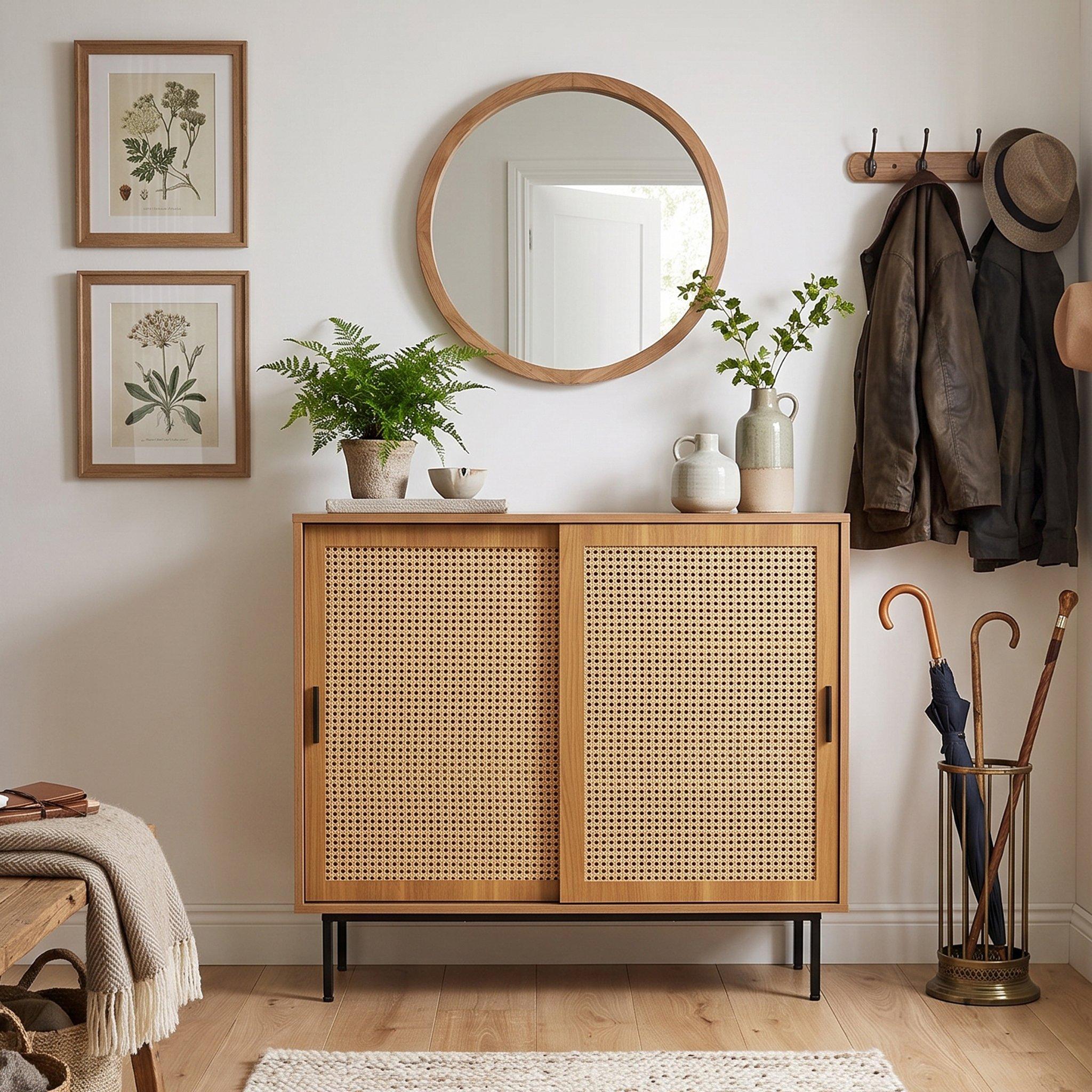 Walnut - Urban Meuble - Vintage Rattan Sliding Door Shoe Cabinet - 2