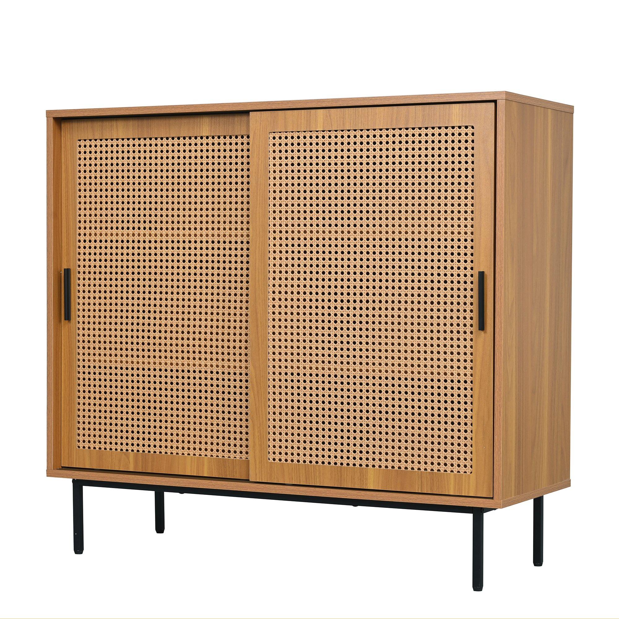 Walnut - Urban Meuble - Vintage Rattan Sliding Door Shoe Cabinet - 11