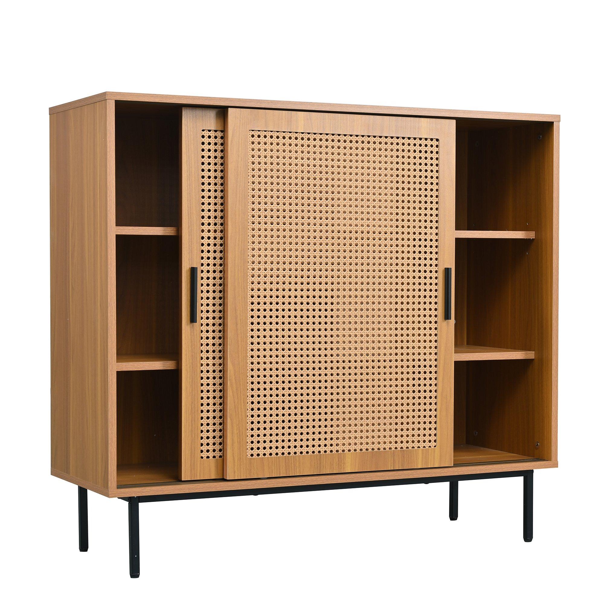 Walnut - Urban Meuble - Vintage Rattan Sliding Door Shoe Cabinet - 12