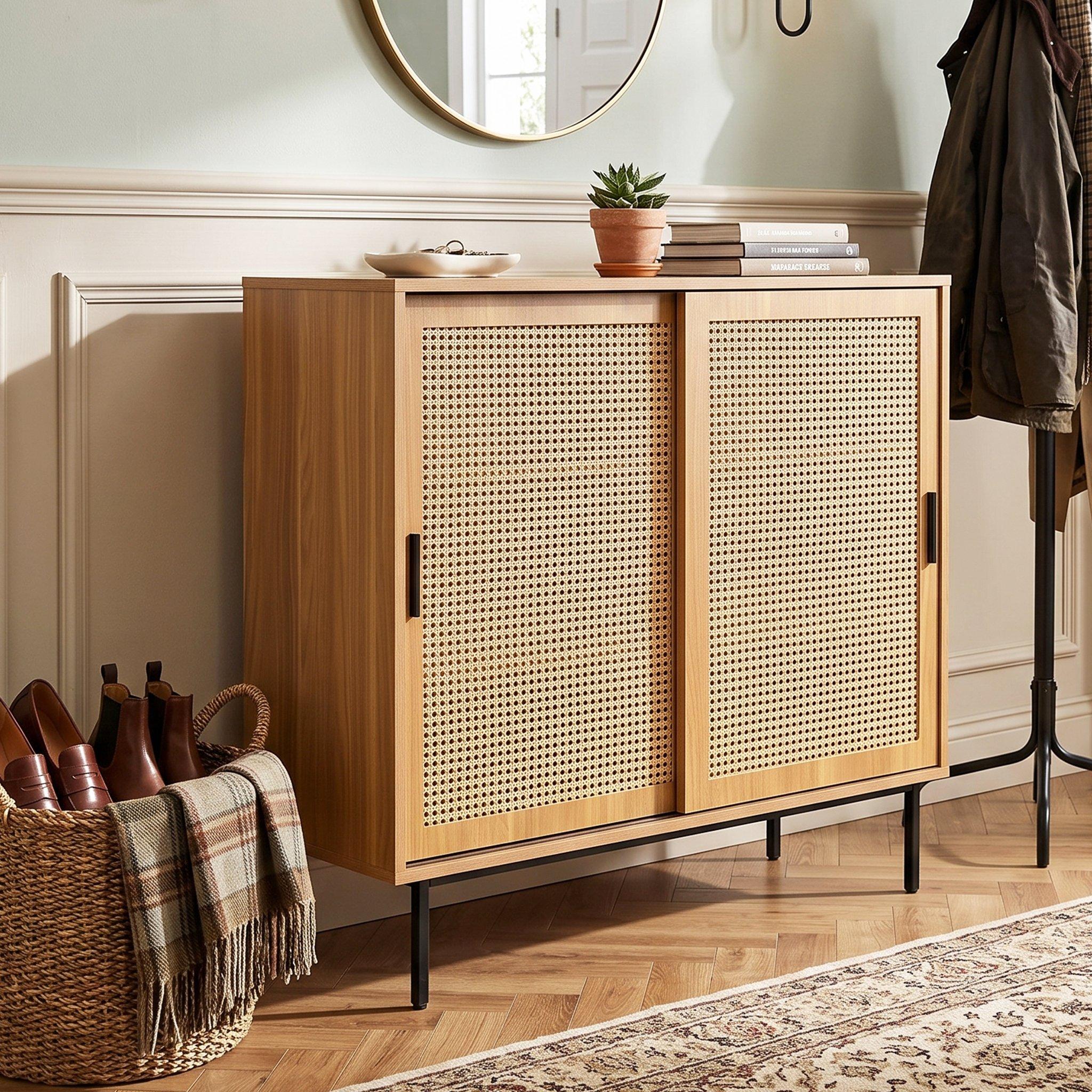 Walnut - Urban Meuble - Vintage Rattan Sliding Door Shoe Cabinet - 3