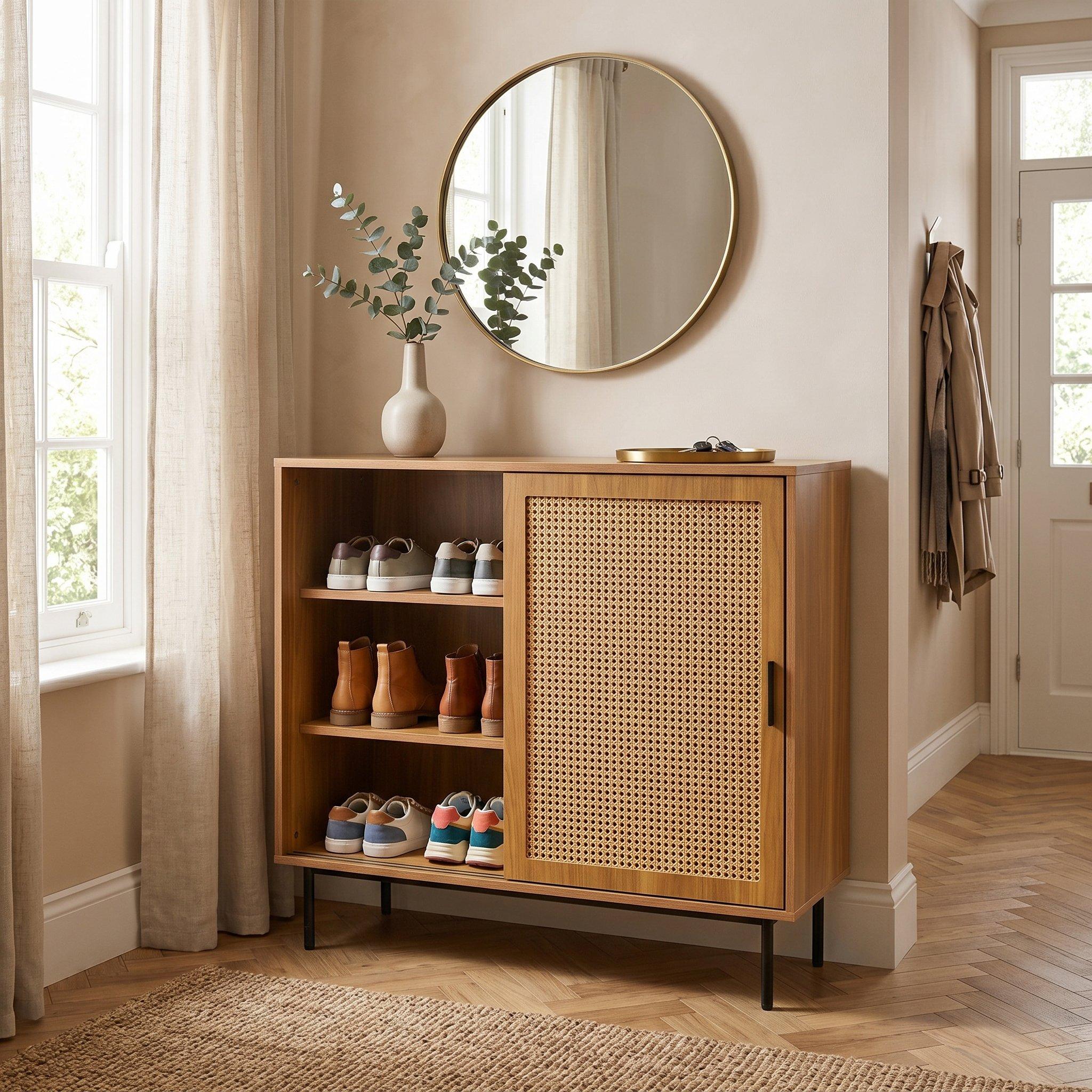 Walnut - Urban Meuble - Vintage Rattan Sliding Door Shoe Cabinet - 4