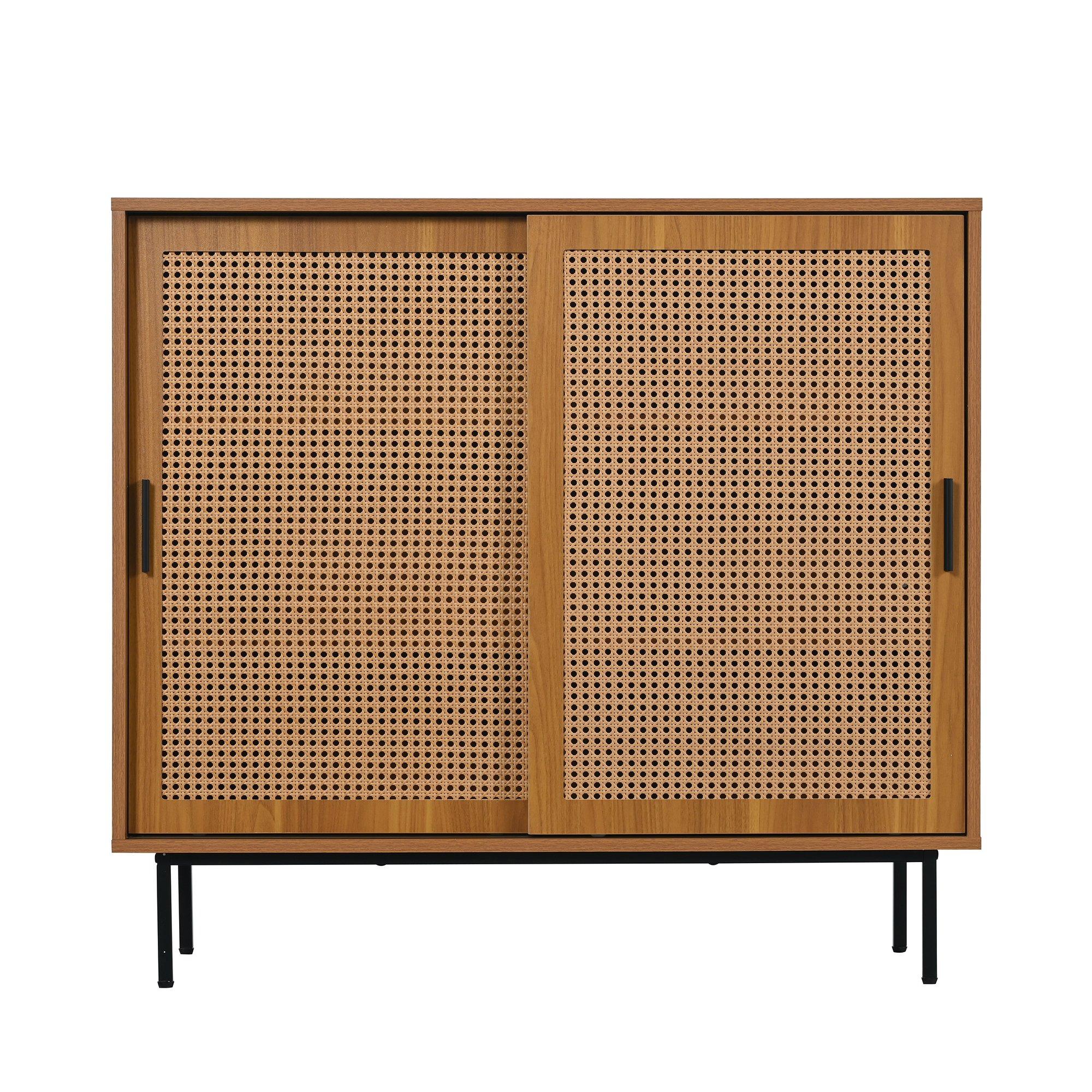 Walnut - Urban Meuble - Vintage Rattan Sliding Door Shoe Cabinet - 5