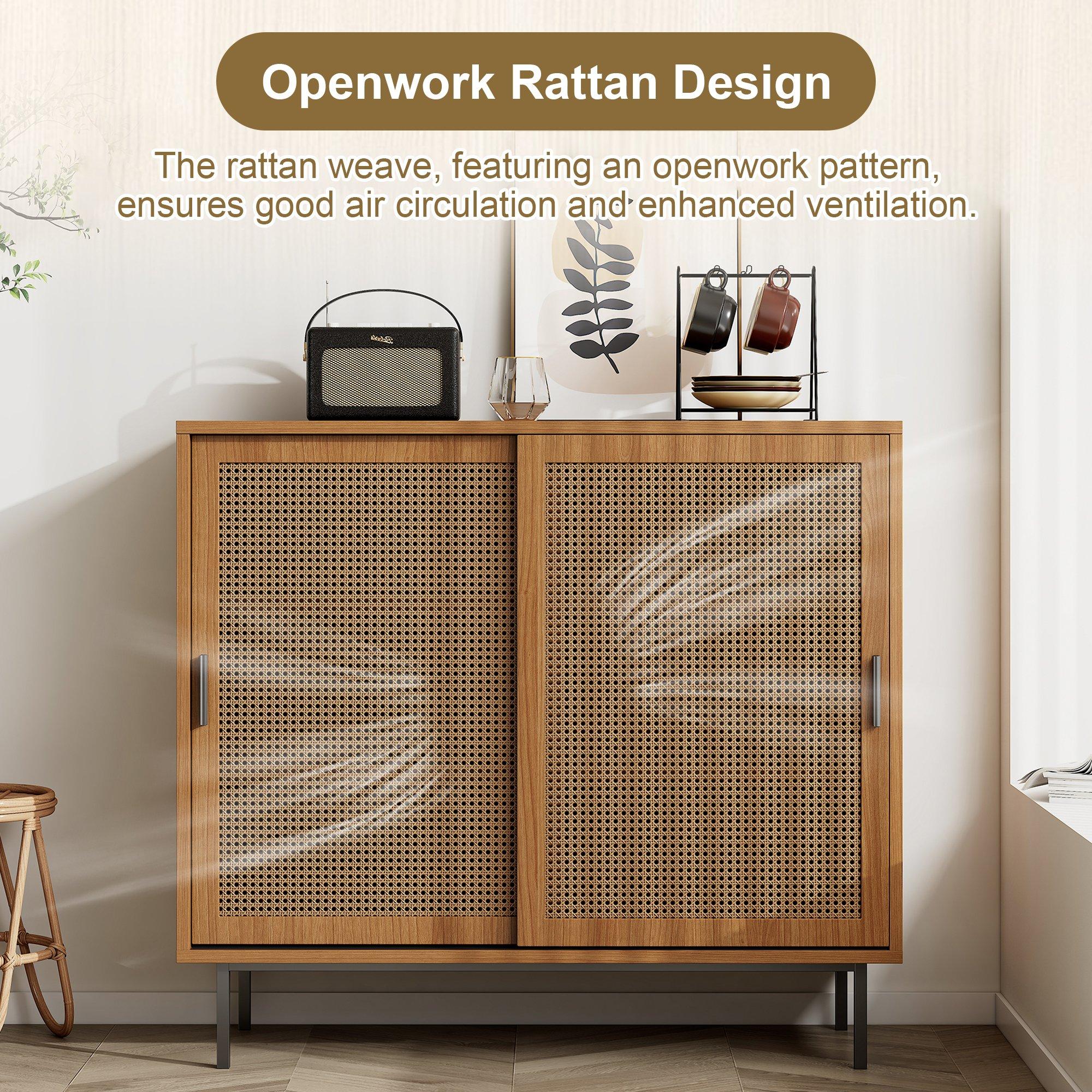 Walnut - Urban Meuble - Vintage Rattan Sliding Door Shoe Cabinet - 7