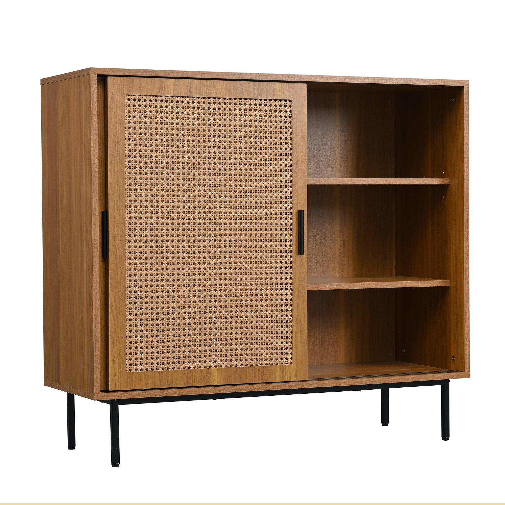 Walnut - Urban Meuble - Vintage Rattan Sliding Door Shoe Cabinet - 9