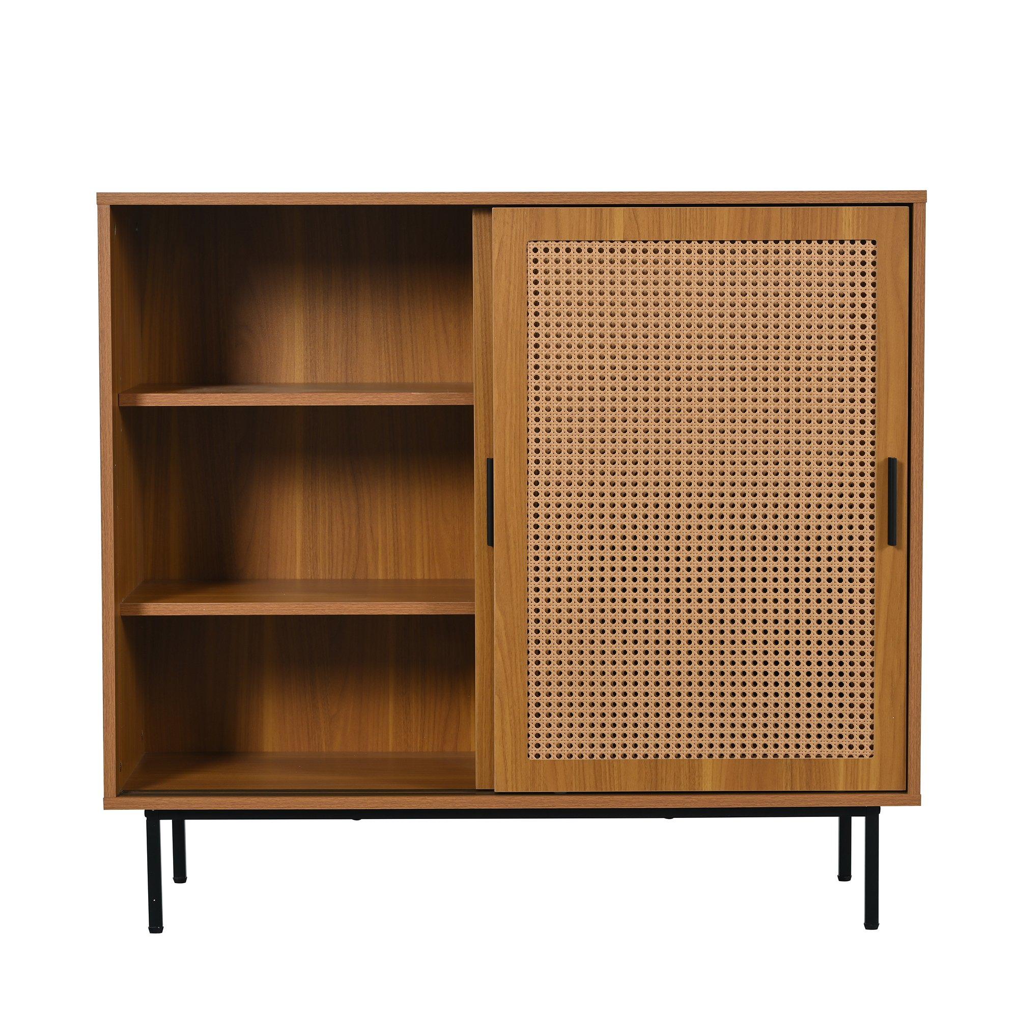 Walnut - Urban Meuble - Vintage Rattan Sliding Door Shoe Cabinet - 10