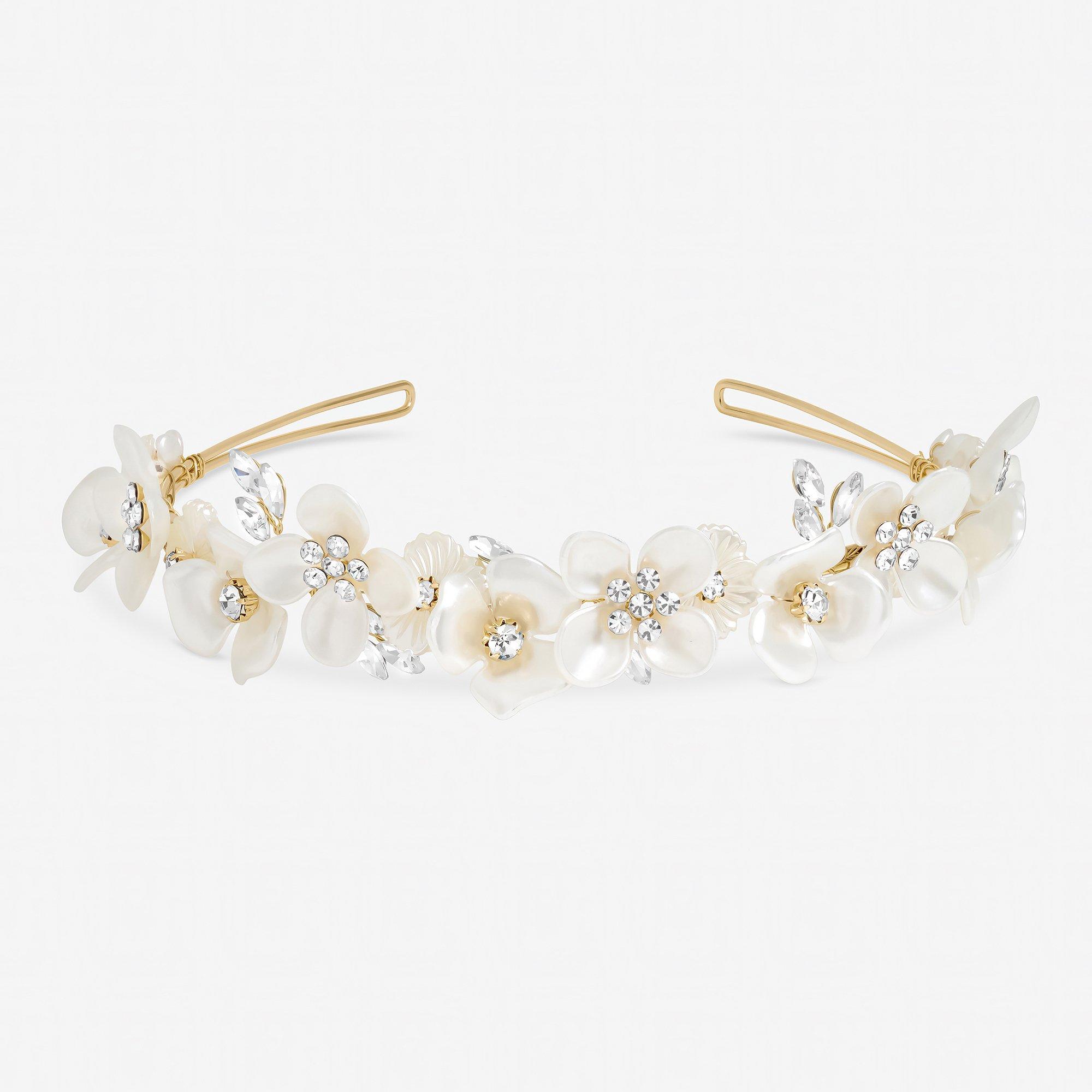 Gold - Jon Richard - Gold Plated White Floral and Crystal Headband - 1