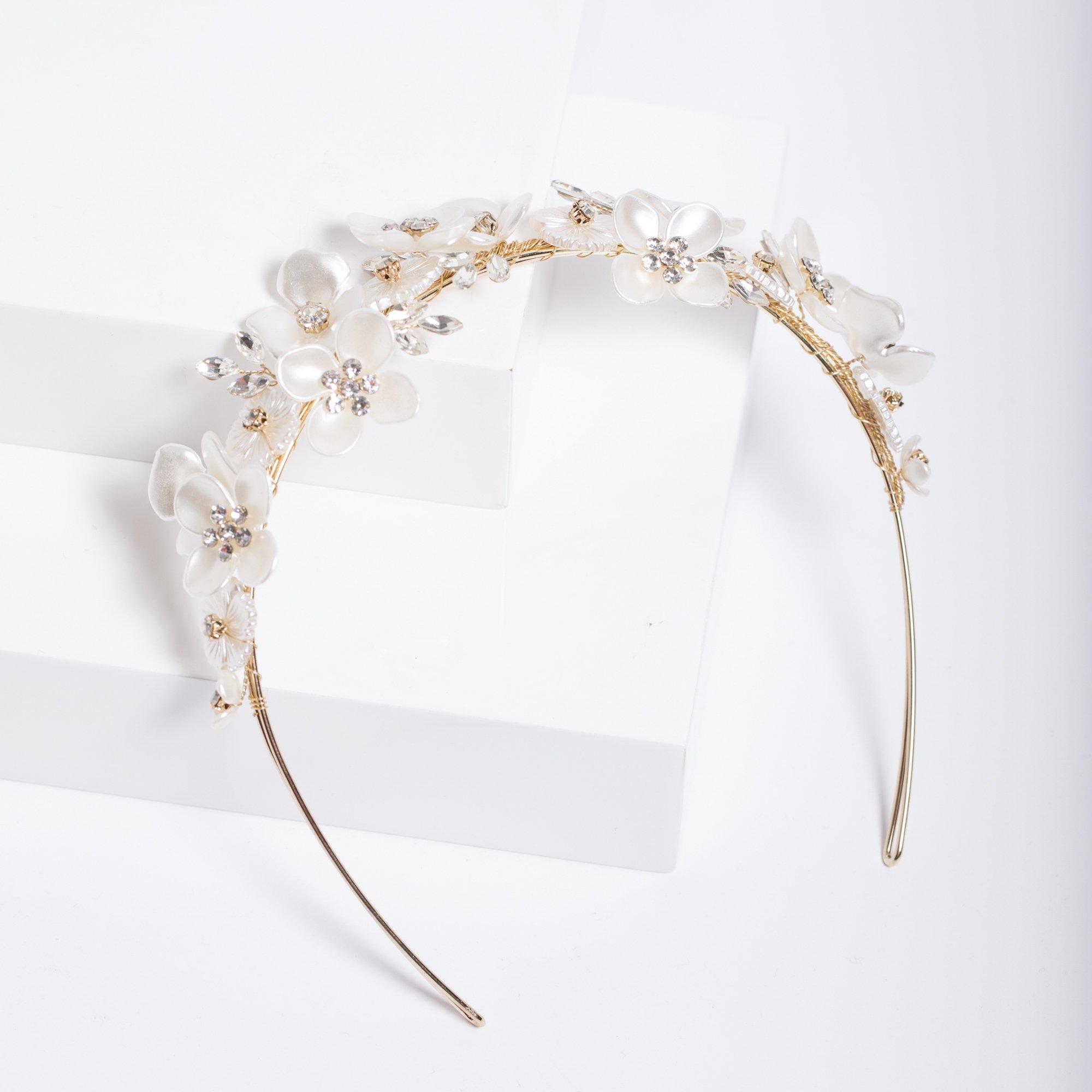 Gold - Jon Richard - Gold Plated White Floral and Crystal Headband - 3