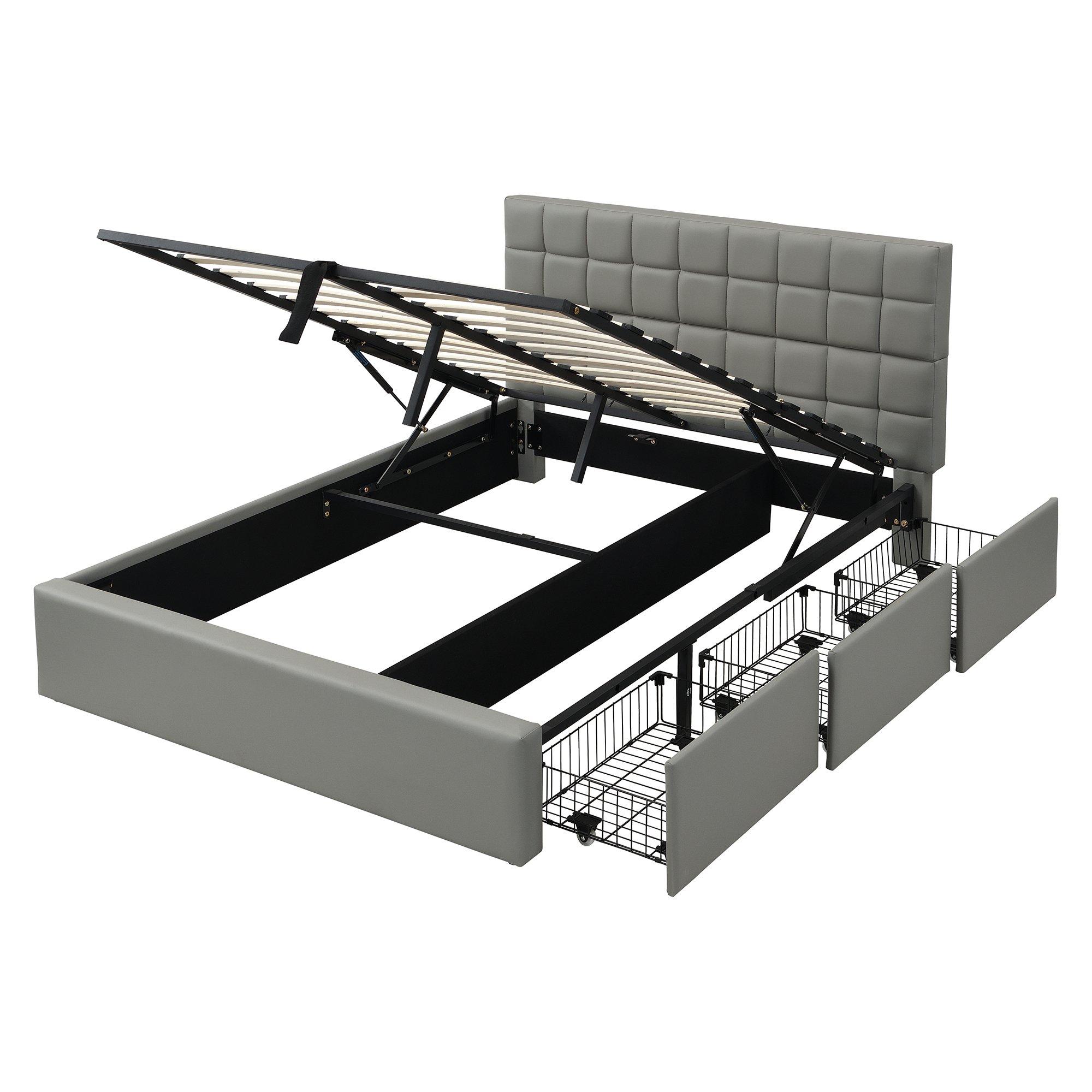 Grey - Urban Meuble - Hydraulic Upholstered Bed with Storage Drawers - 13