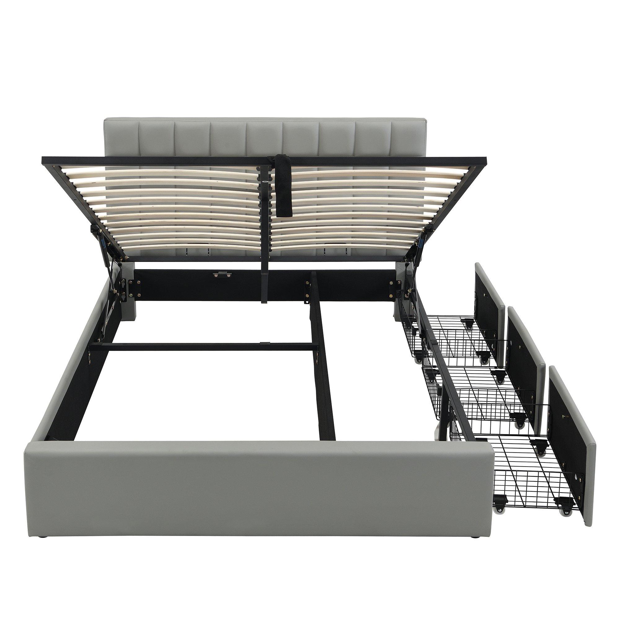 Grey - Urban Meuble - Hydraulic Upholstered Bed with Storage Drawers - 15
